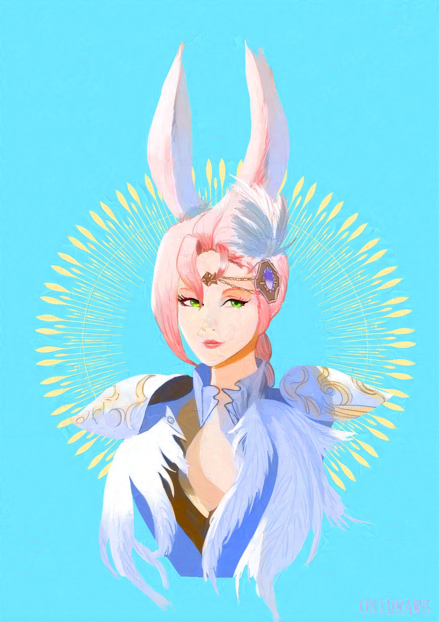 Painting bust of my WoL, Saran. She has a white outfit with feathers down the shoulders. A hair decoration with feather, a purple jewel and that goes to the center of the forehead. Behind her, there is a yellow aura circle and a bright turquoise background.