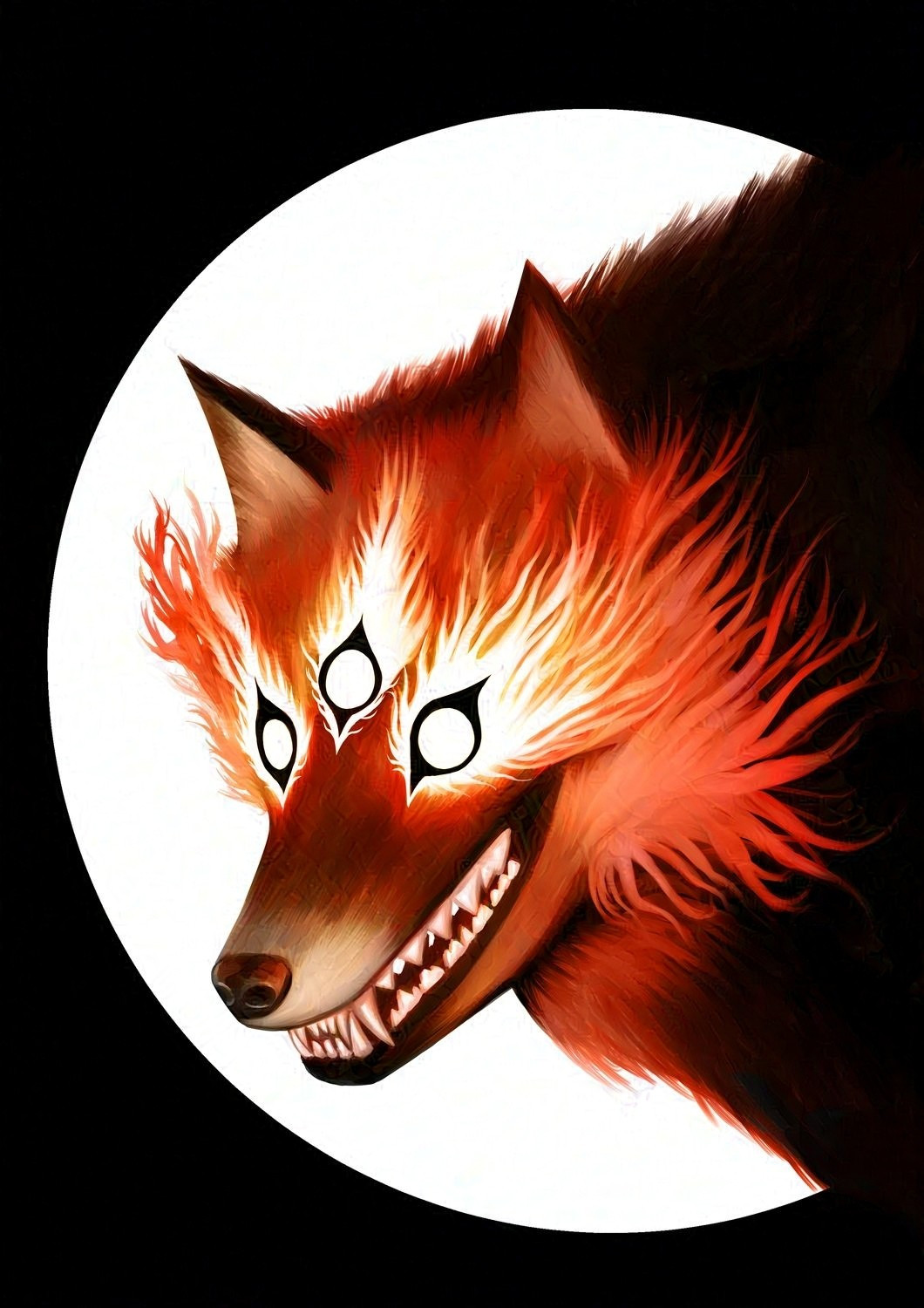 Bust painting of my character Rage. She's a black wolf but her head is made of flames with three white eyes, also on fire. She's showing her teeth, like smiling but she'll bite you. 