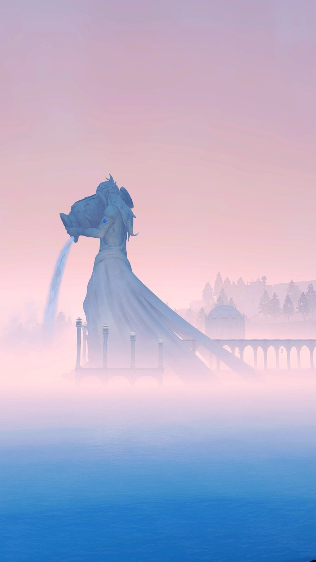 picture of the big statue fountain at old sharlayan; it's very foggy and the colors are mainly blue and pink pastel