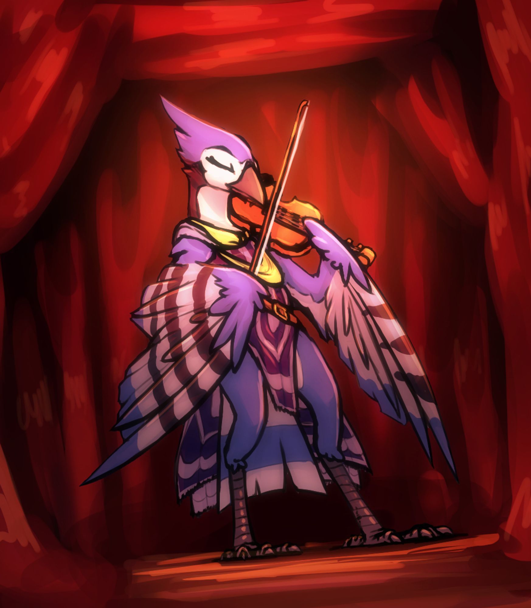 Digital art of an anthro blue jay playing a violin