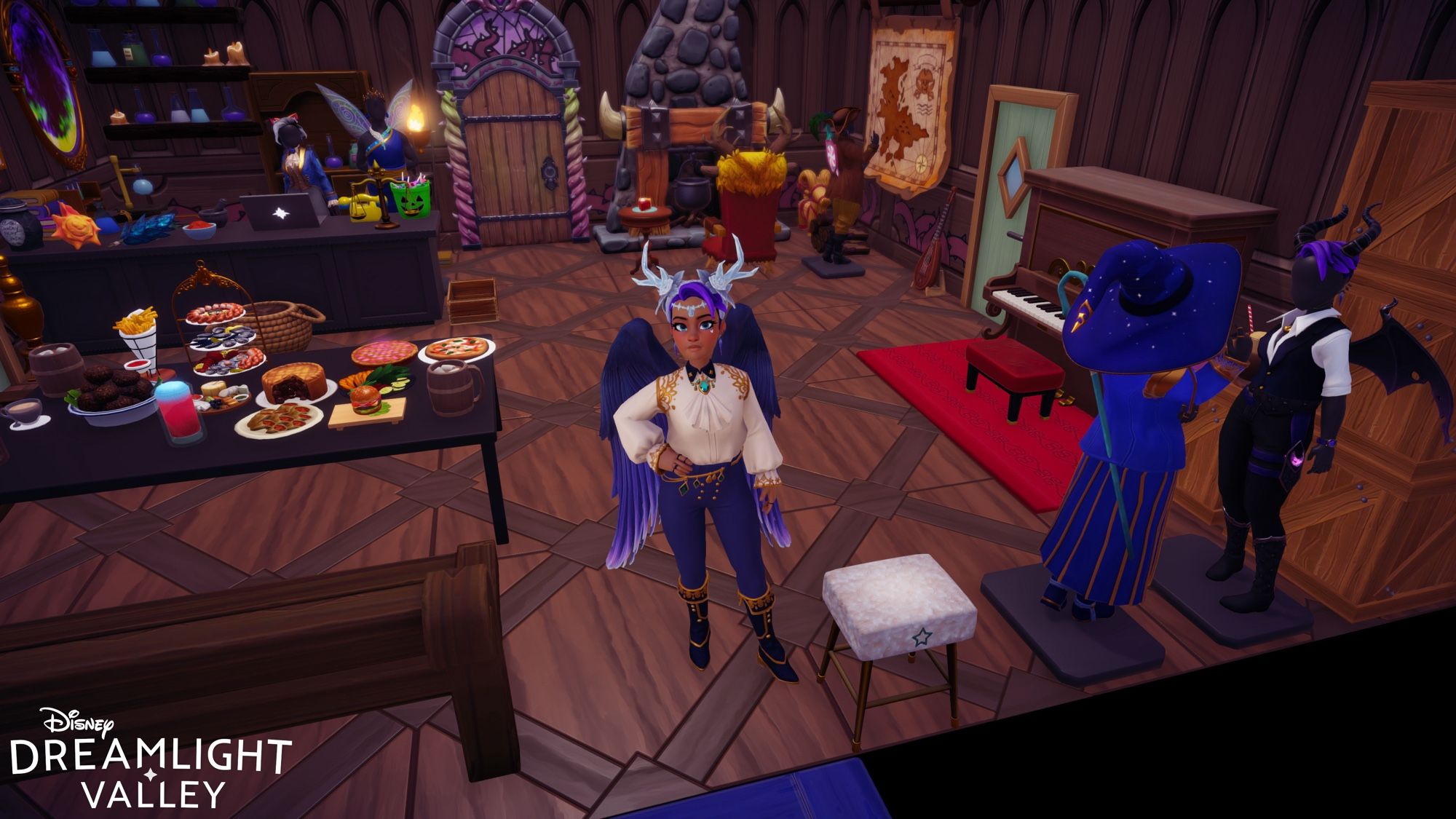 A Dungeons and Dragons themed tavern build with manikins wearing various outfits for Disney’s Dreamlight Valley