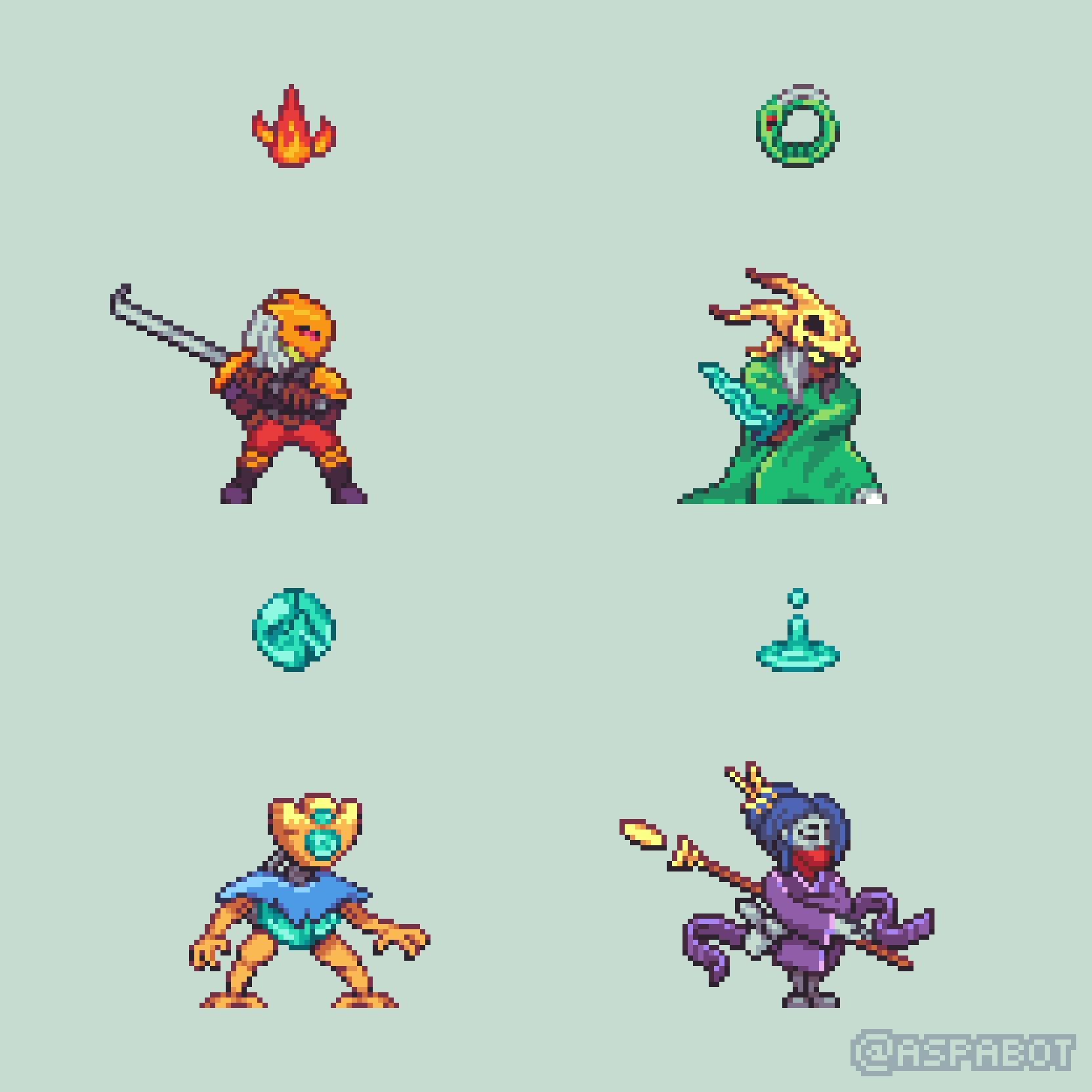 The 4 characters from Slay the Spire in pixel art