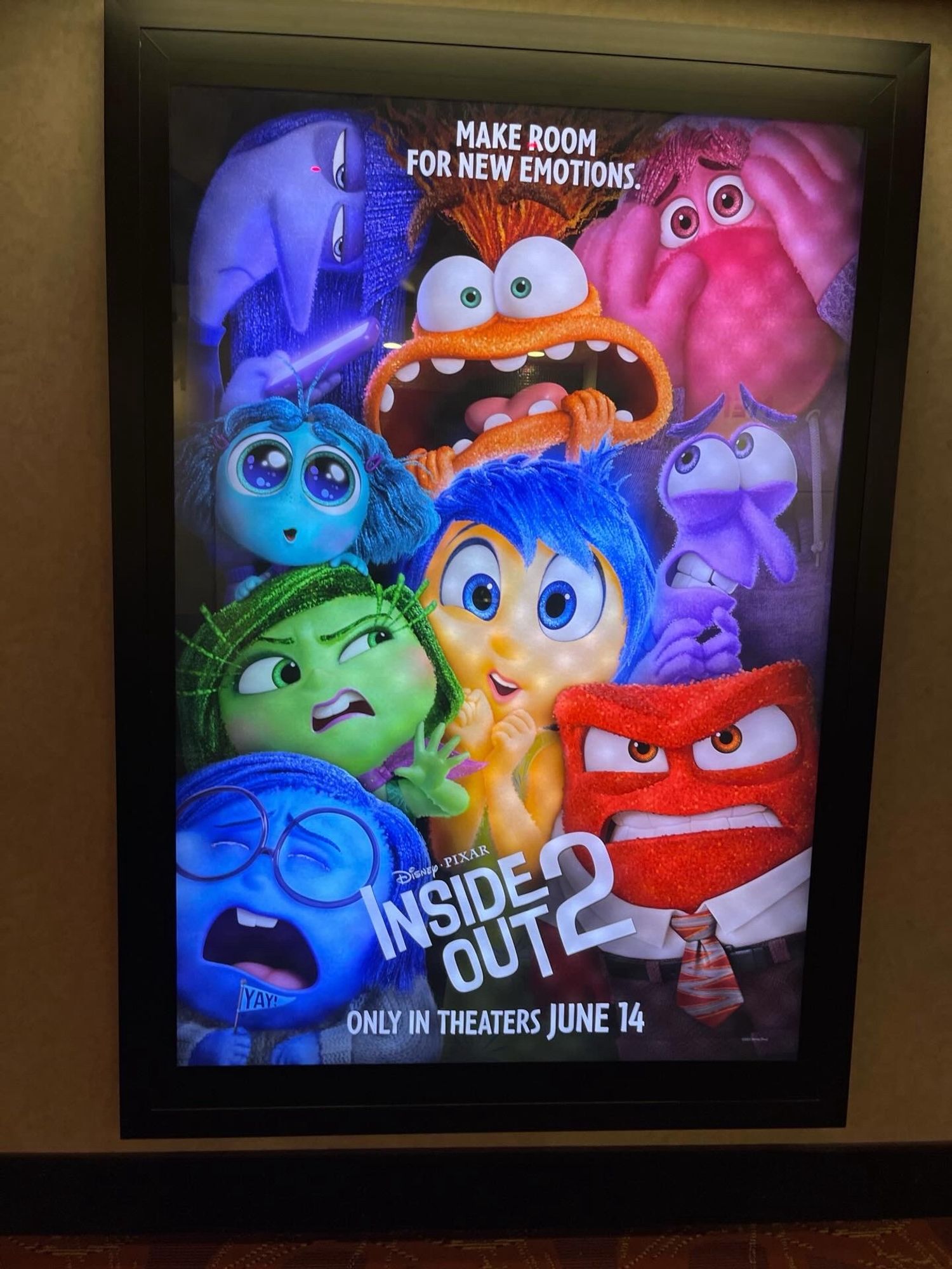 Poster for the new Disney-Pixar movie “Inside Out 2”, depicting anthropomorphized emotions crammed into the poster