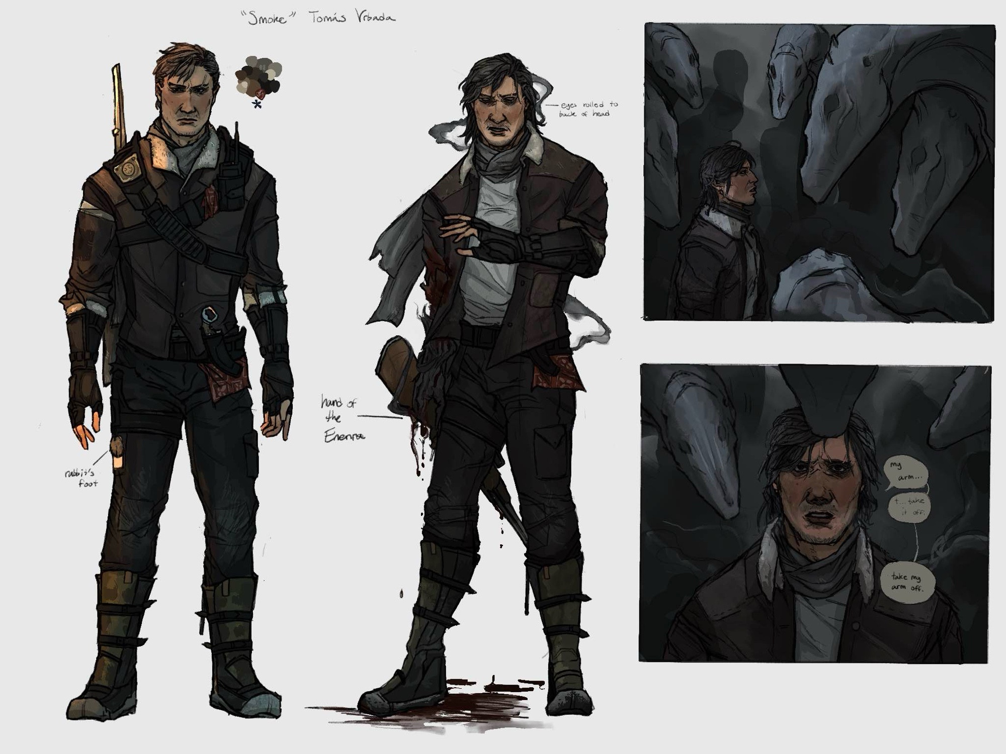 Colored illustration of Tomas Vrbada in two outfits with a comic on the side. 

Hes wearing tactical armor with a leather fur lined jacket, black cargo pants and rubber boots. A rifle, a knife and walki talki strapped to him. Second outfit shows him without armor, longer hair, and his arm is bleeding. Smoke is surrounding him. 