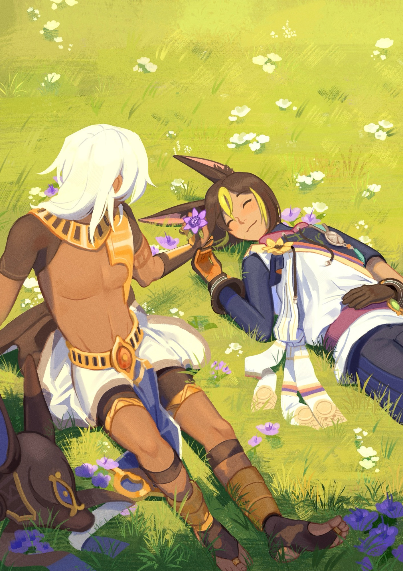 cynonari - cyno and tighnari laying in a field of flowers