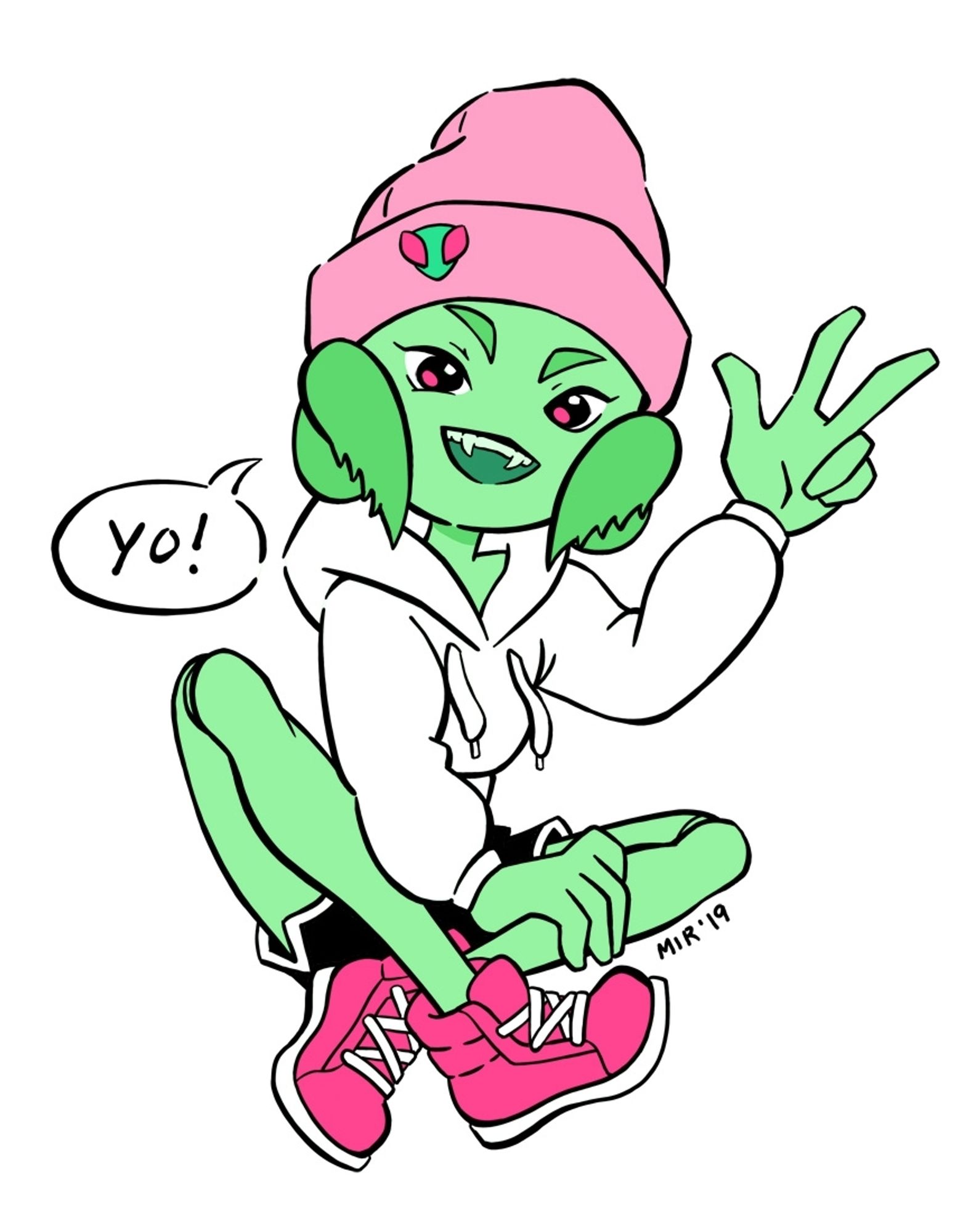 A light green girl sitting crosslegged and waving with a speech bubble that says "Yo!" She has mantis raptorial claws tucked on either side of her face like hair, fangs and visible knee joints. She's wearing a pink beanie with an alien-like mantis head patch, a white crop hoodie, black athletic shorts and hot pink high tops.