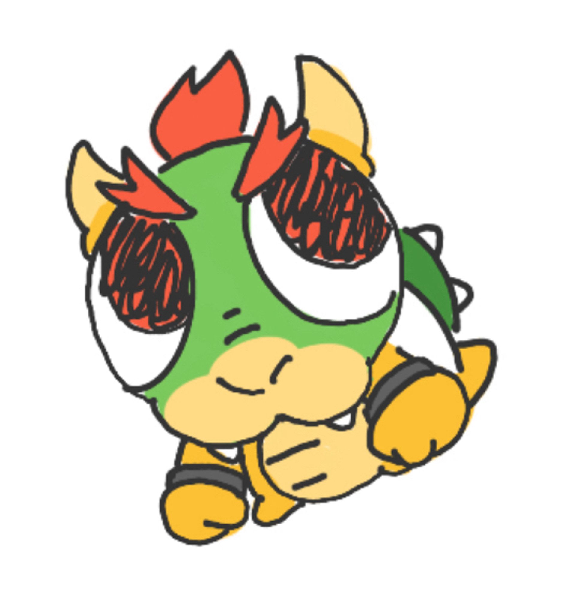 A doodle of a very small, round Bowser. Fangies hanging out of his cat-like mouth. Very grump.