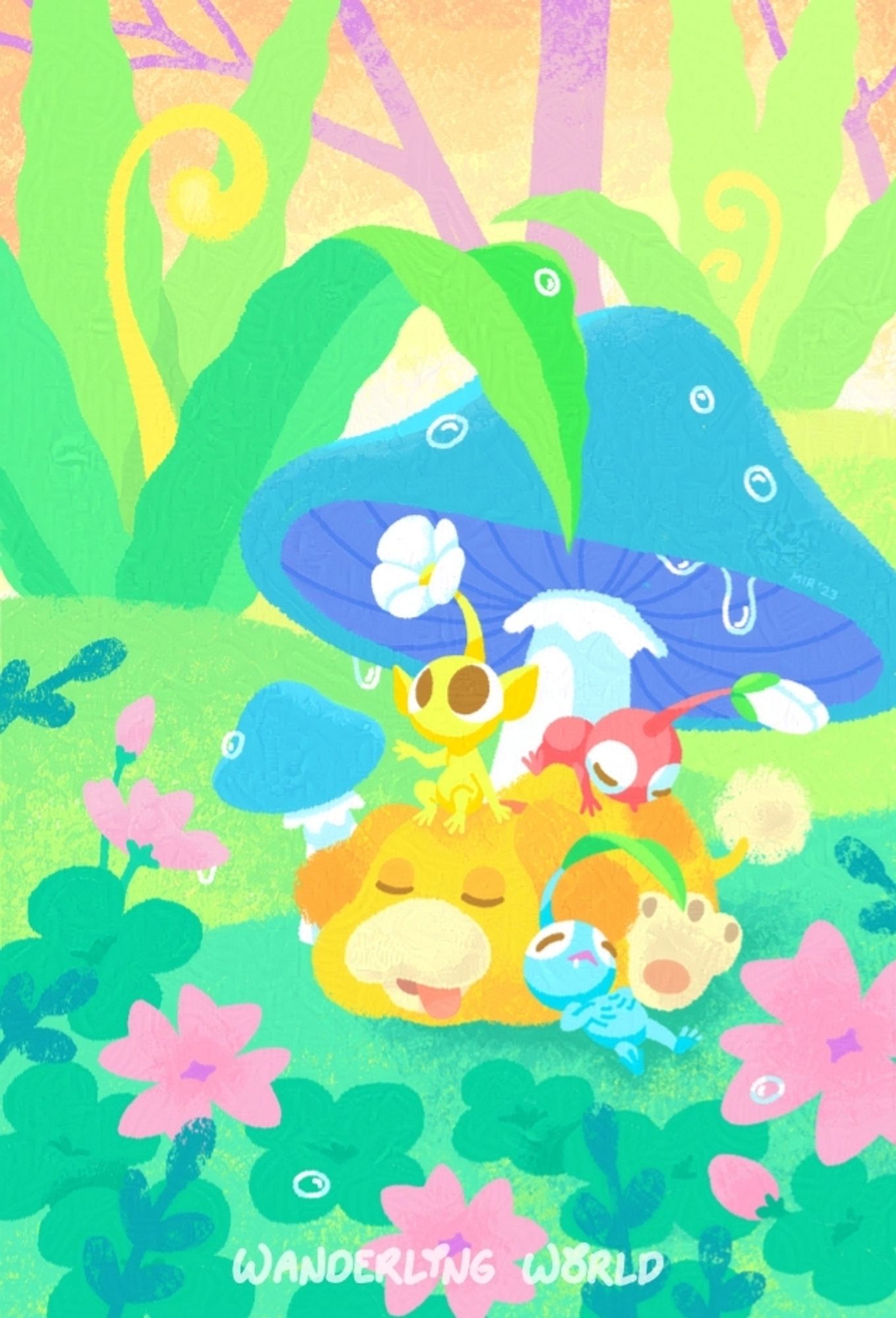 Oatchi and pikmin sleeping under a mushroom