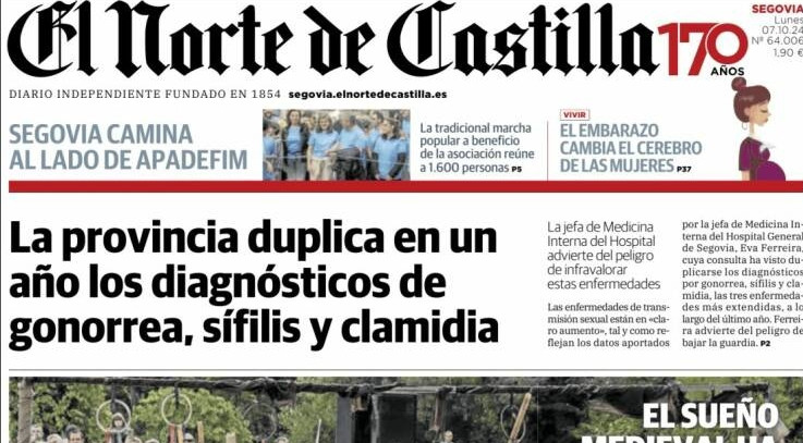 Portada de hoy de El Norte de Castilla edición Segovia. Titular Principal: "La provincia duplica en un año los diagnósticos de gonorrea, sífilis y clamidia"