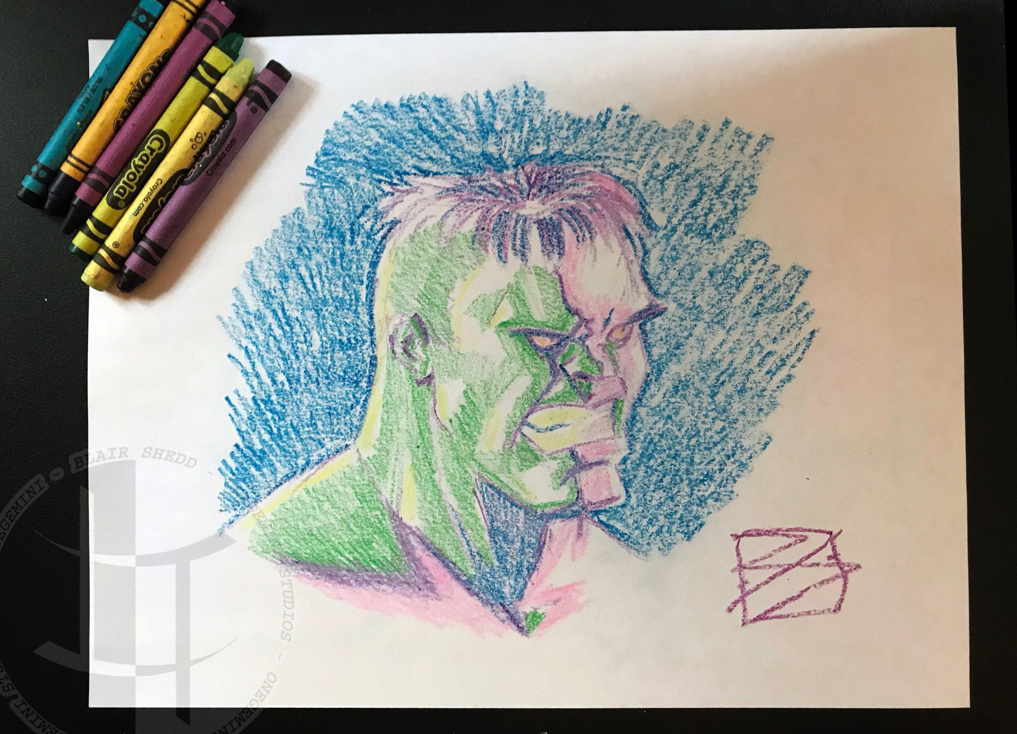 The Hulk in crayon.