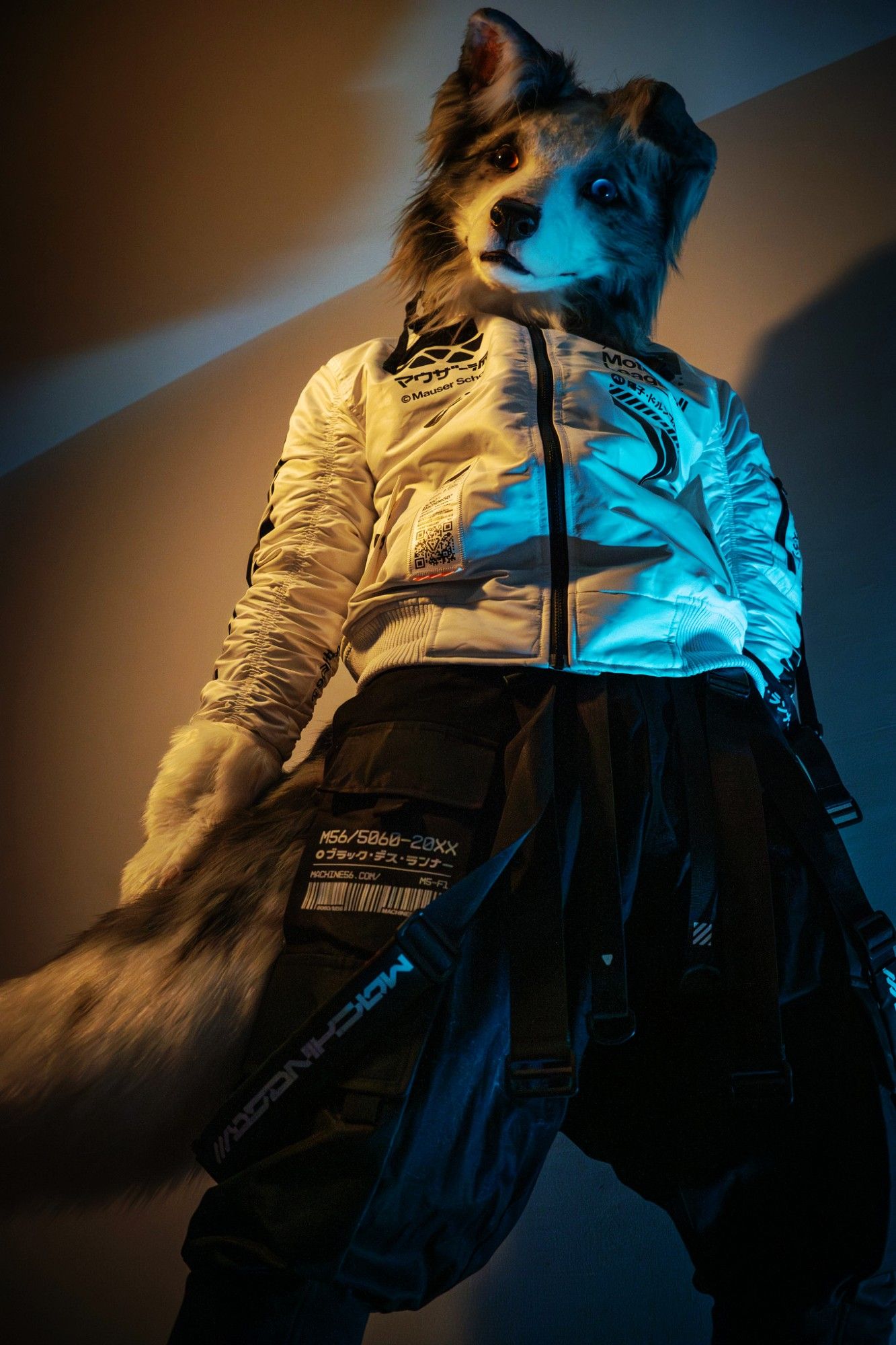 Australian shepherd fursuit in techwear looking down towards the camera