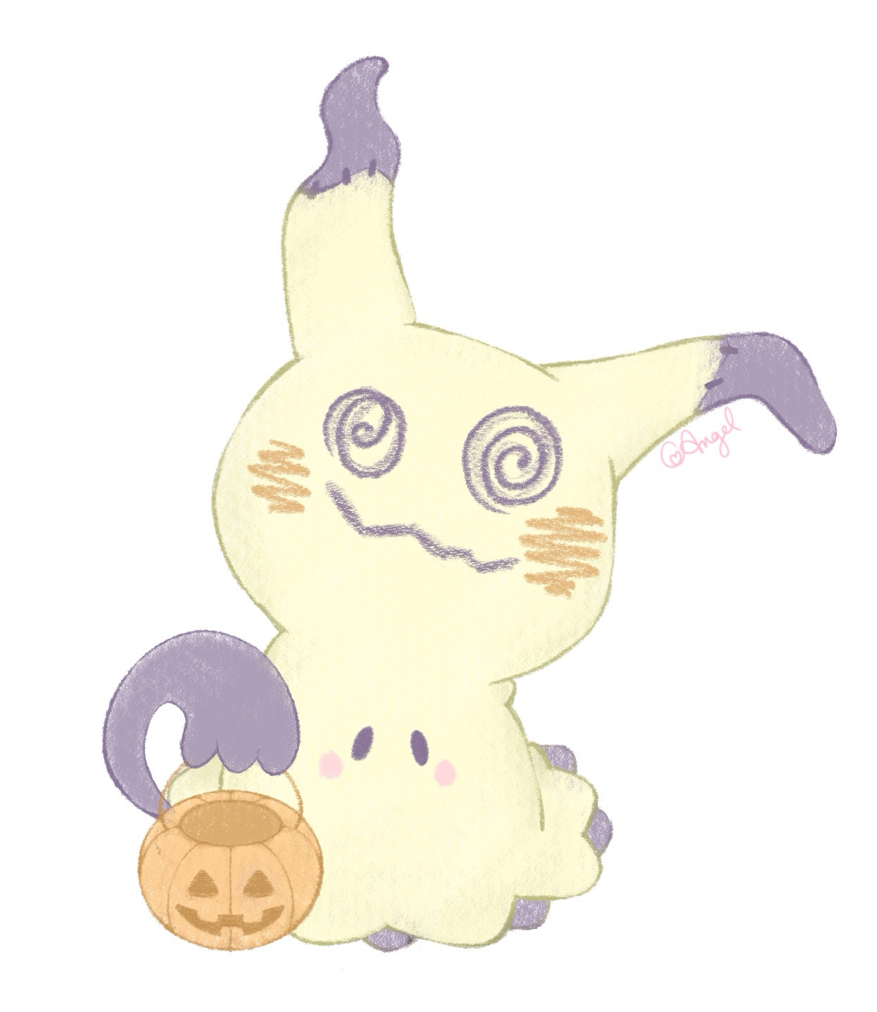 Pokémon Mimikyu holding up an empty pumpkin Halloween bucket as he looks up at you with blushing cheeks 