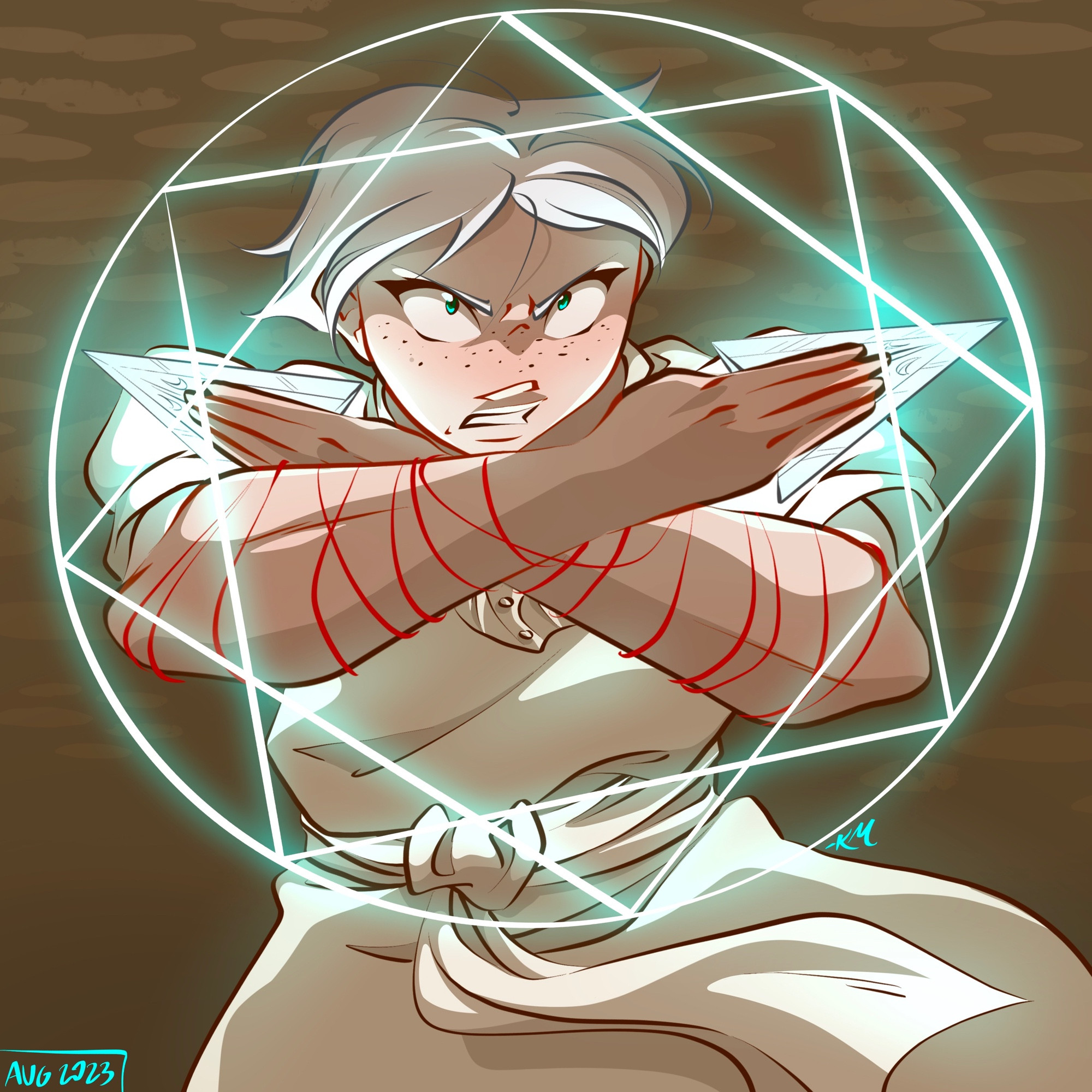 Screenshot redraw of young Ja'far from Magi: Adventure of Sinbad, crossing his rope darts in front of his face and summoning the power of his Household Vessel for the first time. The eight-pointed star of the djinn illuminates his blades and face