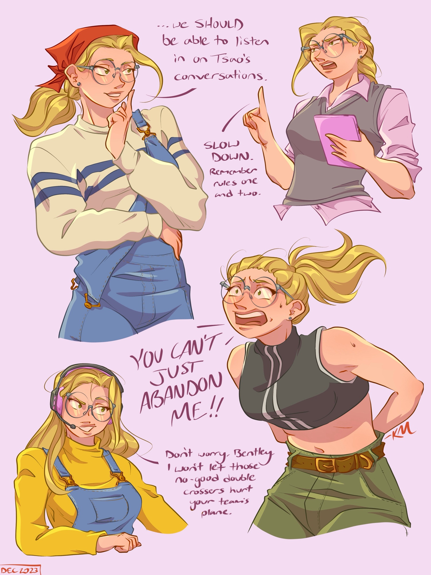 Four poses of humanized Penelope from Sly Cooper 3: Honor Among Thieves. She wears a variety of turtlenecks, overalls, sweater vests, and cargo pants and has her hair both up in ponytails and down