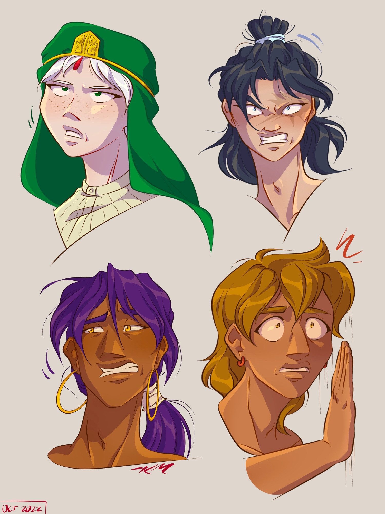 Expression study featuring Ja'far rolling his eyes, Hakuryuu snarling with rage, Sinbad cringing, and Alibaba listening with horror through a wall