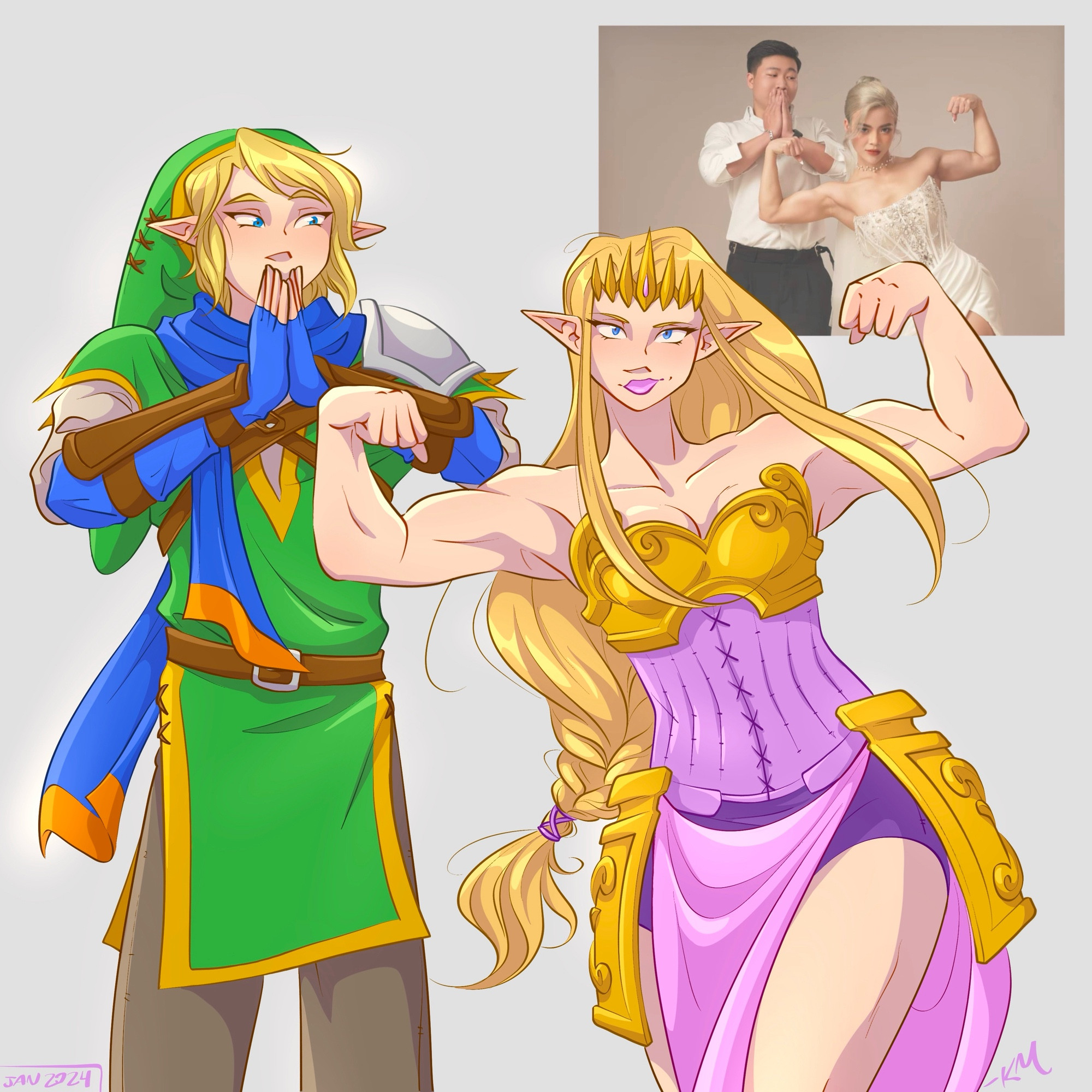 A photo pose redraw featuring Link and Zelda from Hyrule Warriors. Zelda flexes her guns with a smirk while Link stares in awe