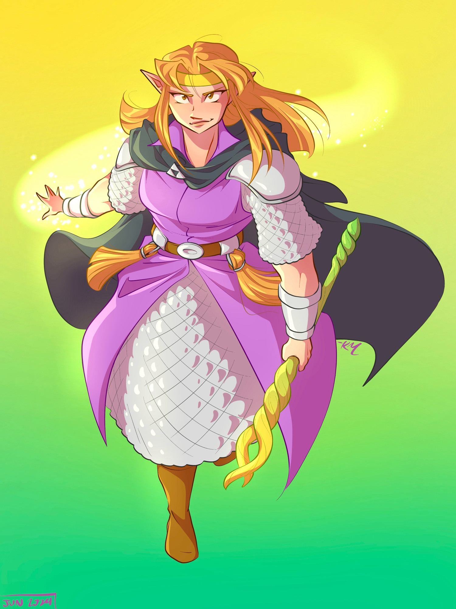 Zelda from Legend of Zelda: Echoes of Wisdom. The white skirt under her purple dress has been reimagined as chainmail. She holds her new staff and trails magic behind her with her off hand as she strides confidently towards the viewer.