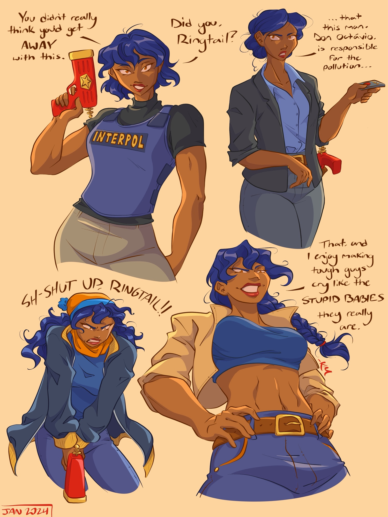 Four half-body poses of a humanized Carmelita Fox from Sly Cooper, saying various lines from games 1, 3, and 4