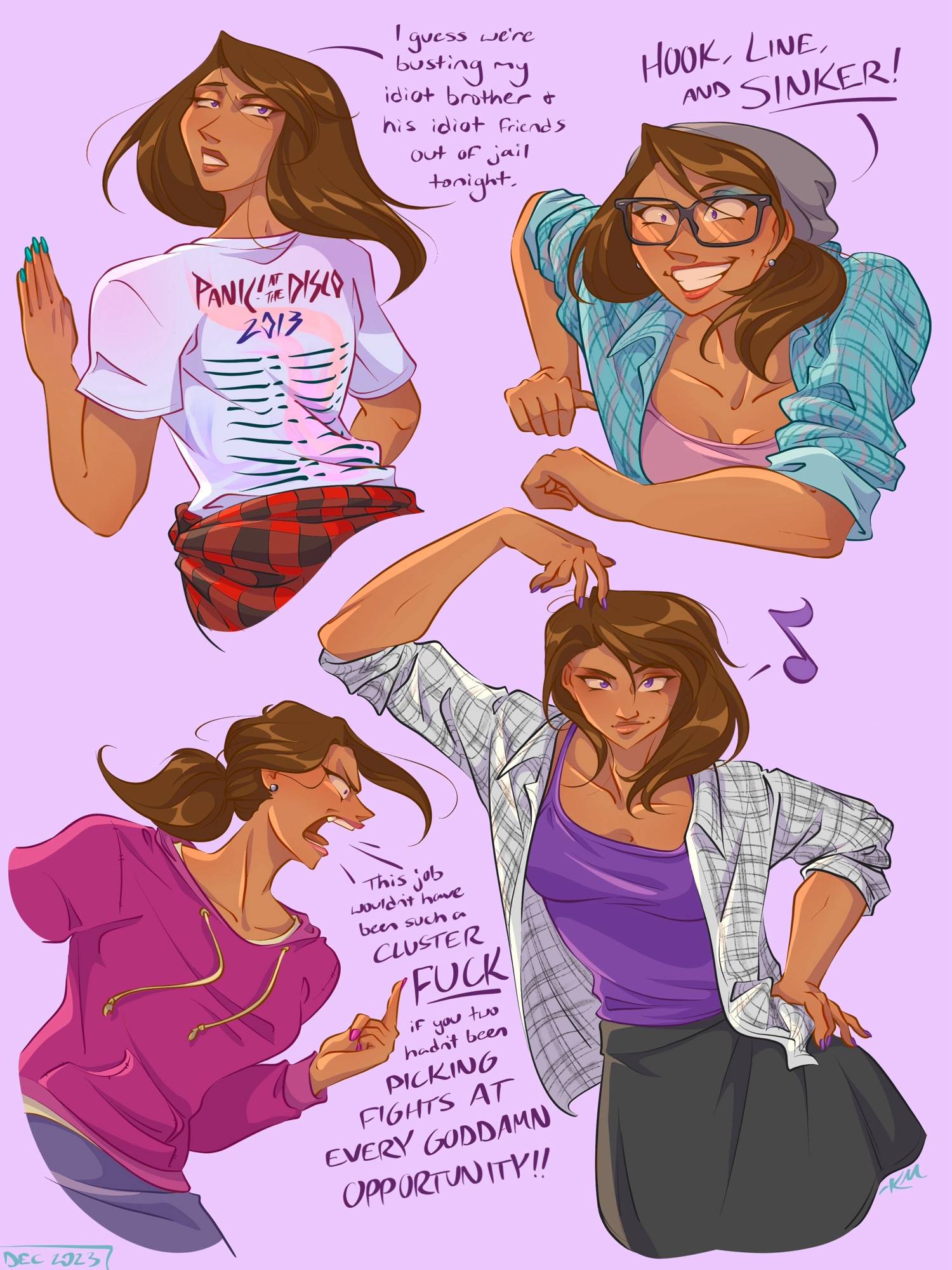 Four poses of my humanized Sly Cooper OC, Ree. She's dressed in intensely 2013 tumblr hipster outfits and slinging snarky one-liners with a smirk