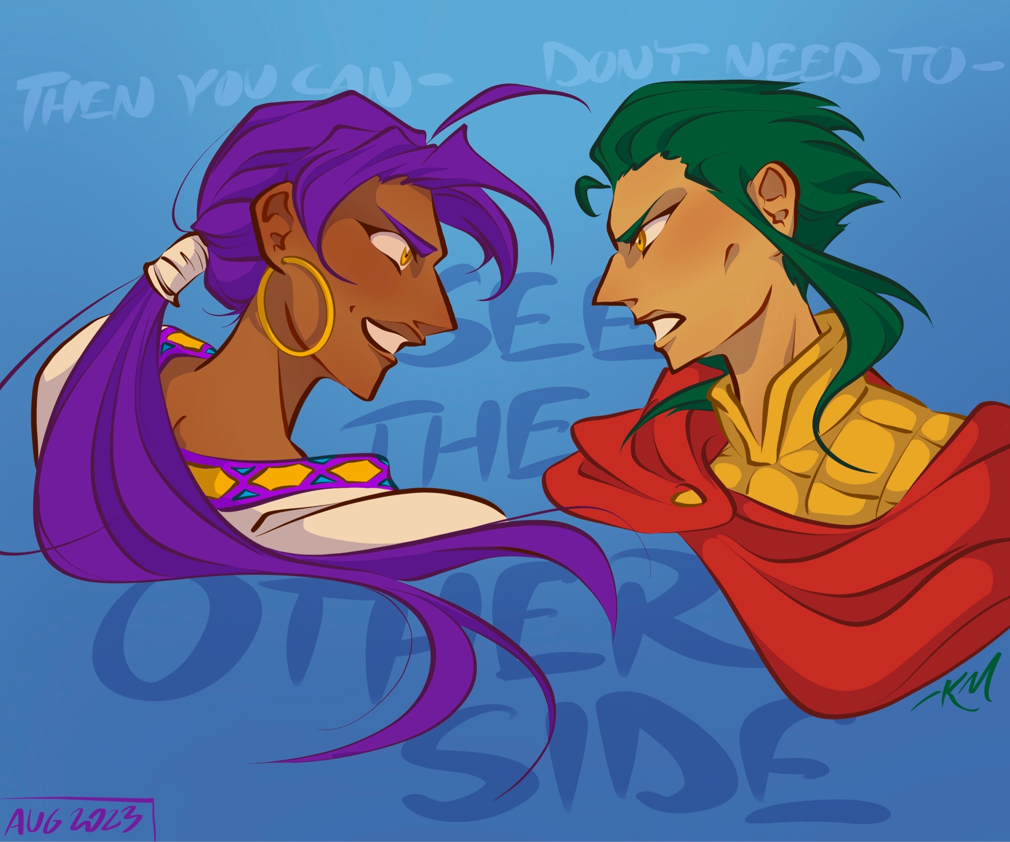 Young Sinbad and Drakon staring each other down. Sinbad is smirking while Drakon looks pissed. The lyrics to "The Other Side" from the Greatest Showman fade into the background - Sinbad says "Then you can-" at the same time Drakon says "Don't need to-", then they both say "See the other side."