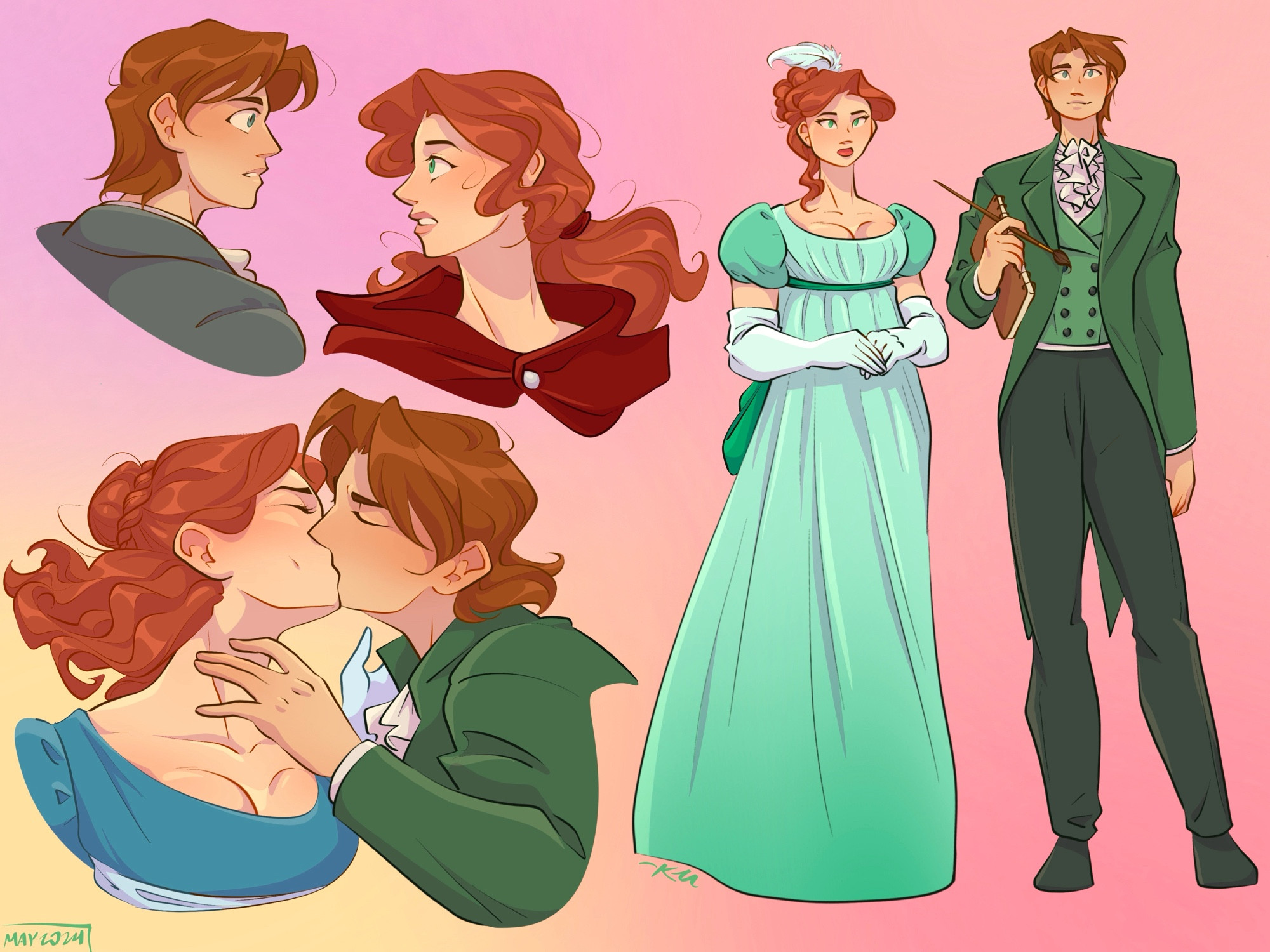 Cherry and Ponyboy from The Outsiders dressed in Regency fashion for a Bridgerton AU