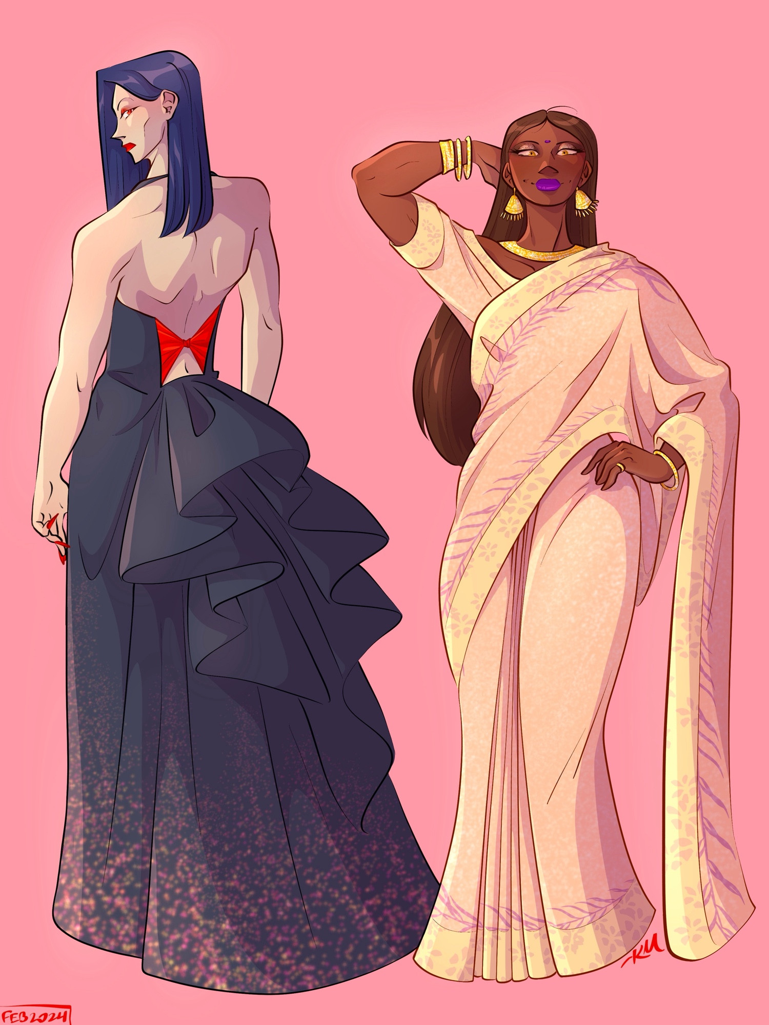 Humanized designs of Neyla and The Contessa from the ballroom level of Sly Cooper 2: Band of Thieves. The Contessa has her back turned to the camera to show off the open back and ruffled faux bustle of her black sparkly gown. A pop of red fabric holding the back closed mimics the hourglass shape a black widow. Neyla strikes a confident pose in a pale orange and gold sari with a purple tiger-stripe pattern along the hem and lots of gold jewelry.