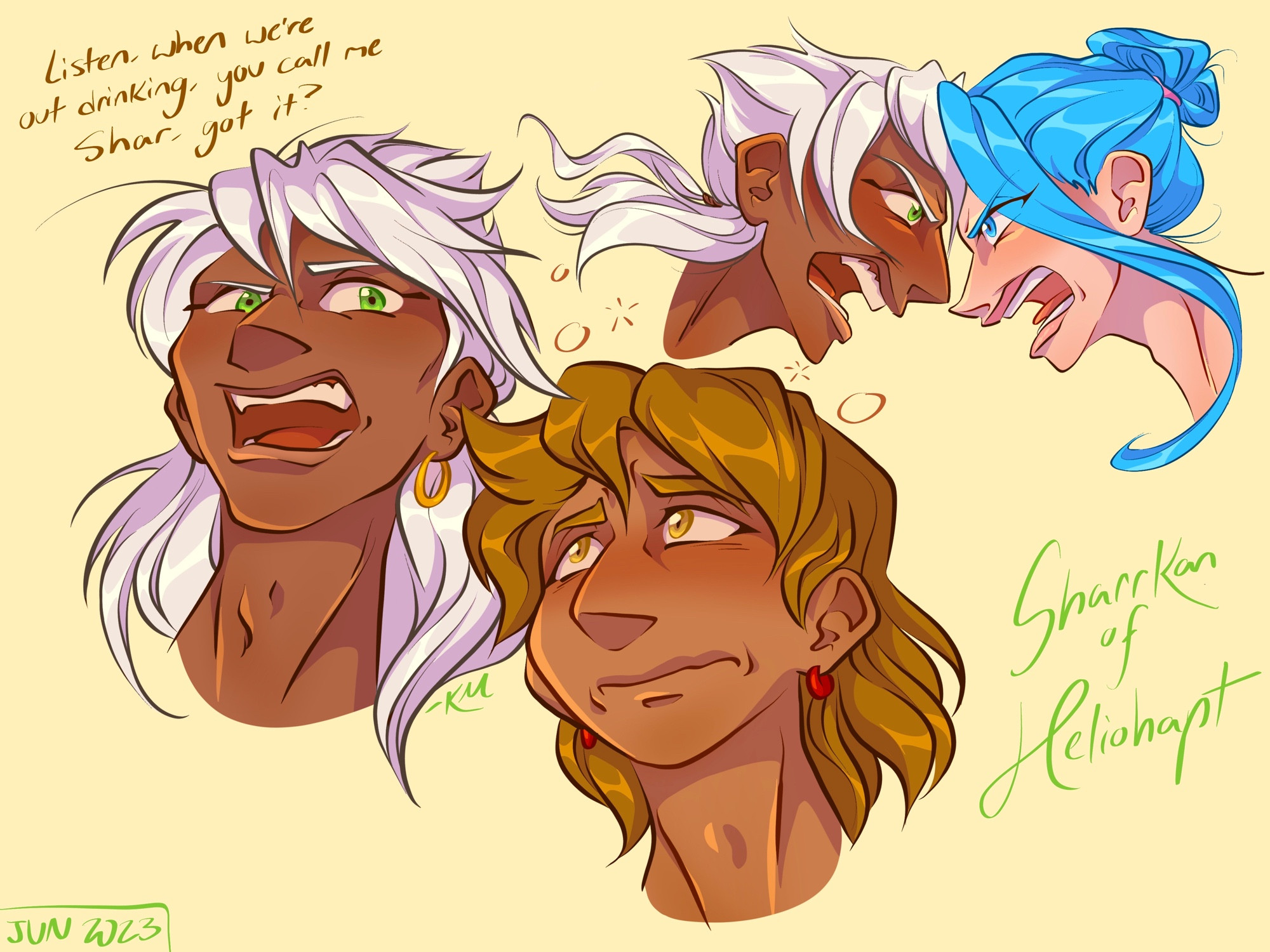 Expression study featuring Sharrkan griping at a drunk Alibaba and having a hollering match with Yamuraiha