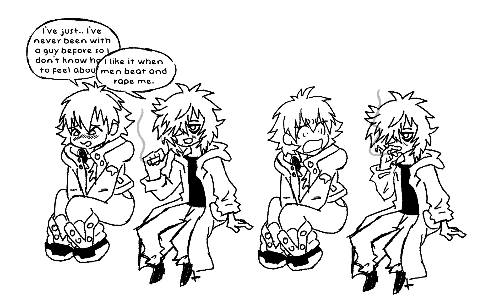 Fanart of Aoba from DRAMAtical Murder and Towa from Slow Damage sitting together. Aoba nervously says to Towa “I’ve just… I’ve never been with a guy before so I don’t know how to feel about” But he is cut off by Towa saying “I like it when men beat and rape me.” Causing Aoba to look at him with shock and concern.