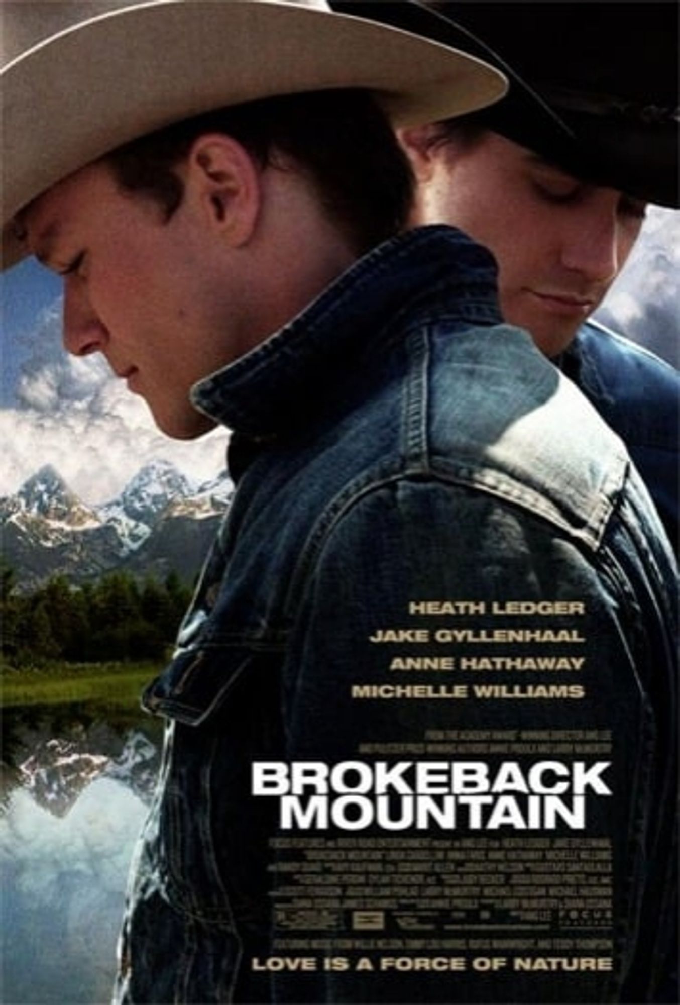 A poster of the film "Brokeback Mountain". You can see two men wearing cowboy hats and jeans jackets