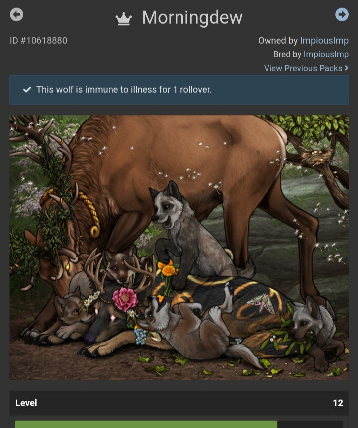 A picture of a game with a laying wolf with a bunch of puppies playing next to her. There's a big stag behind her. She's full of flower accessories and has a gold swirly body paint on her pelt. She's in front of a background with rocks and plants.