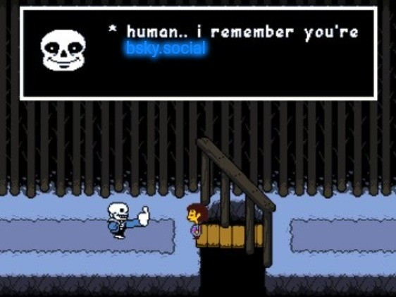 image of sans undertale giving frisk undertale a thumbs up 👍 at the meeting bridge in snowdin with a caption of him saying, "human.. i remember you're bsky.social"