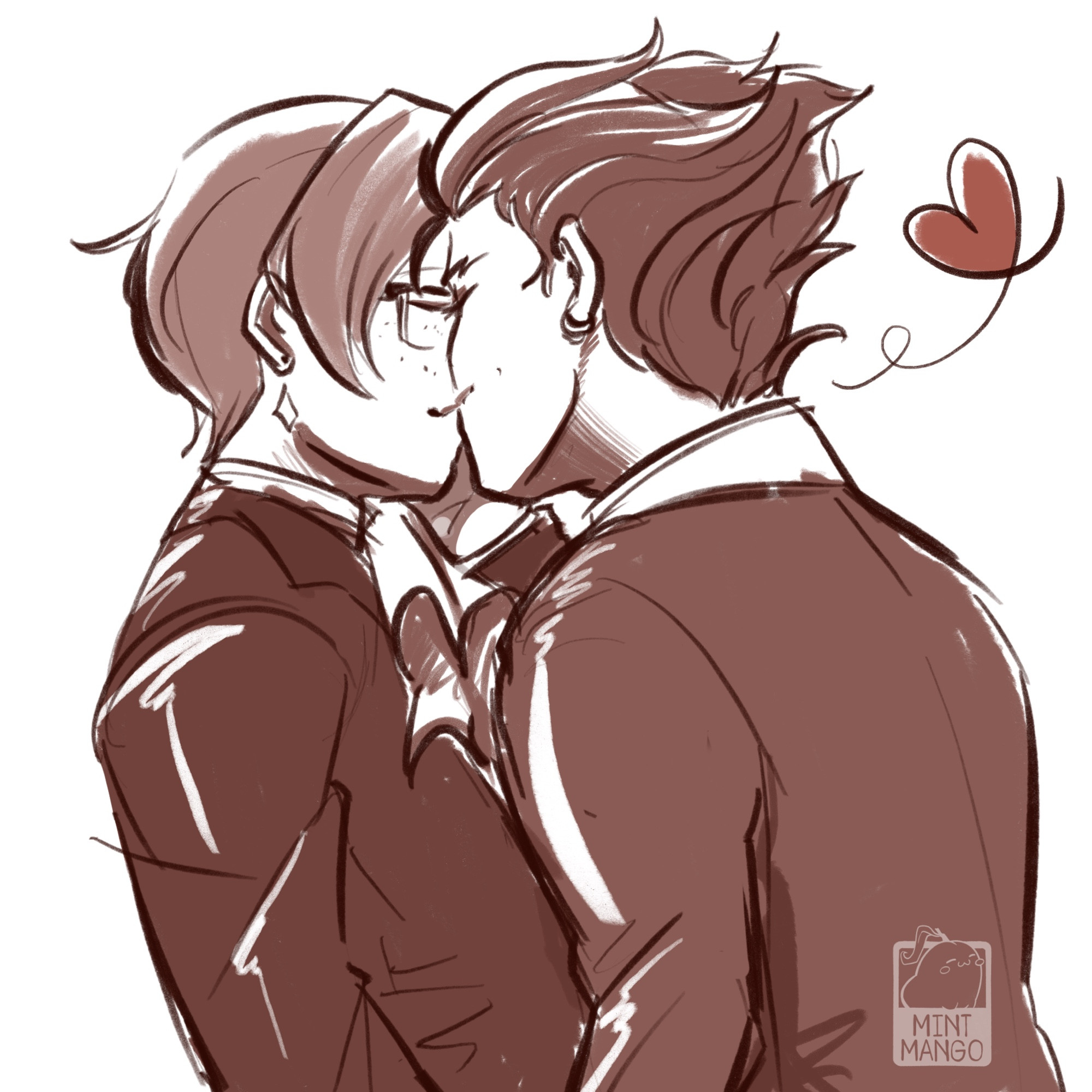 ID: Ace Attorney fan art; Phoenix gives Edgeworth a chaste kiss. End ID.
