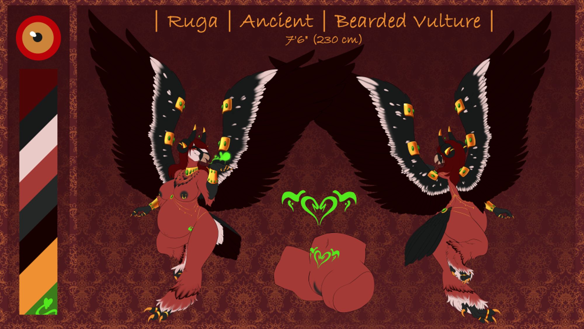 reference sheet style image, with front and back view of deep red bearded vulture furry. She is sporting a large pregnant belly and lots of green and gold jewelry