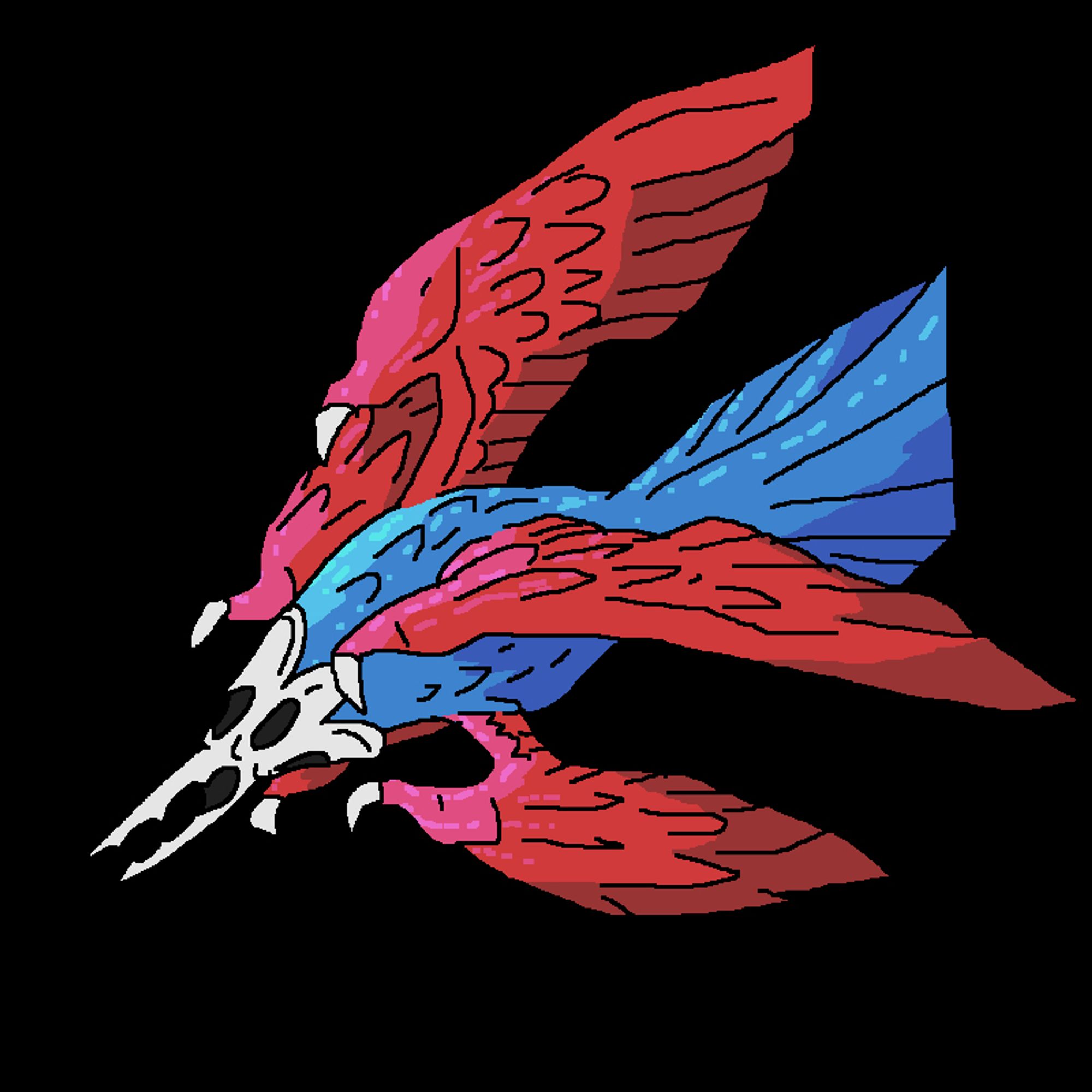 A bird with a bony five-eyed head, with five red-pink wings and bright blue feathered body and tail. It lacks legs.