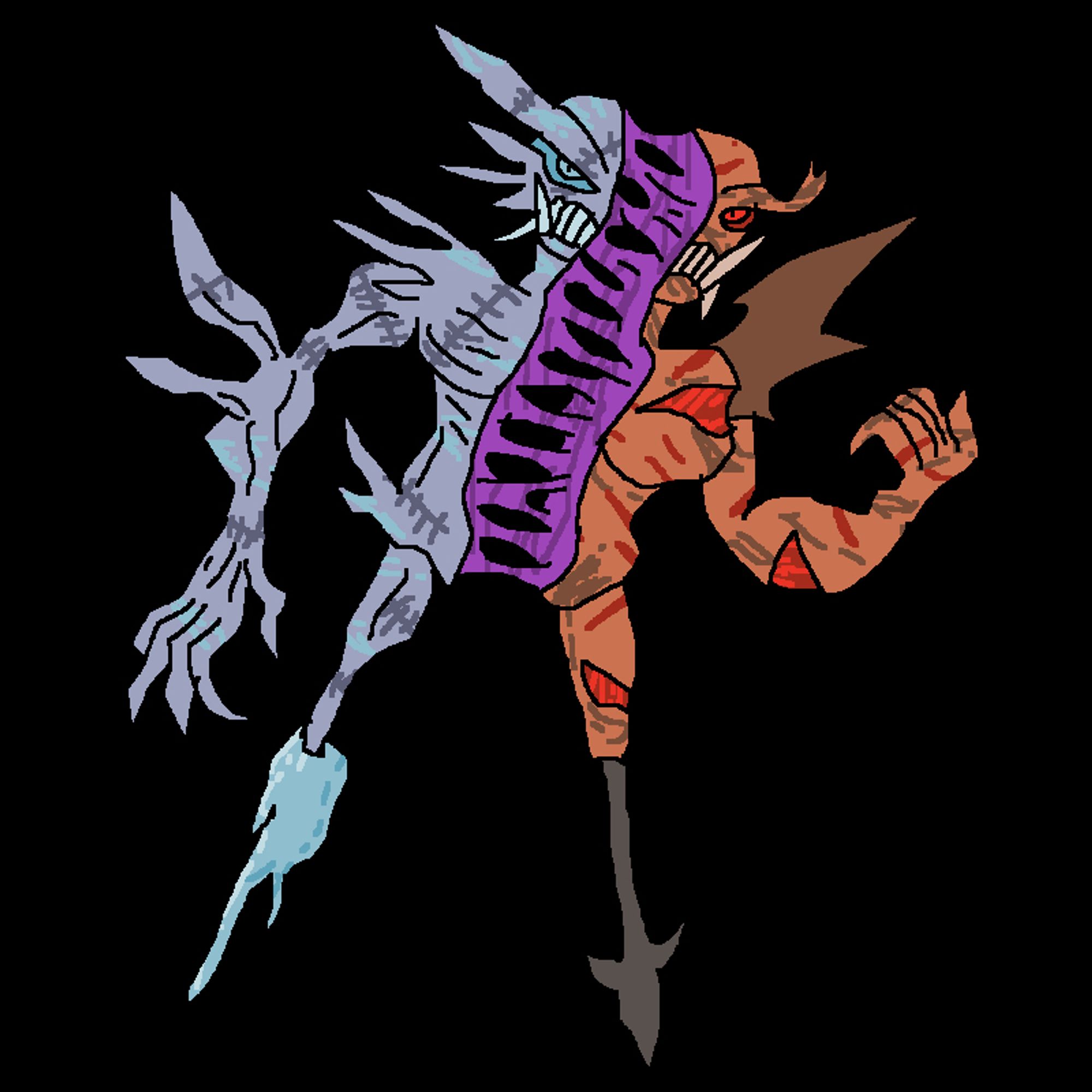 A demon of two halves, held together by purple sinews. With a spiny body and fangs at the corners of the mouth.
The left half is gaunt and icy blue, covered in stitches. Its leg ends in an icicle.
The right half is muscular and vivid orange, covered in open wounds and bruises. Its leg ends in a poker.