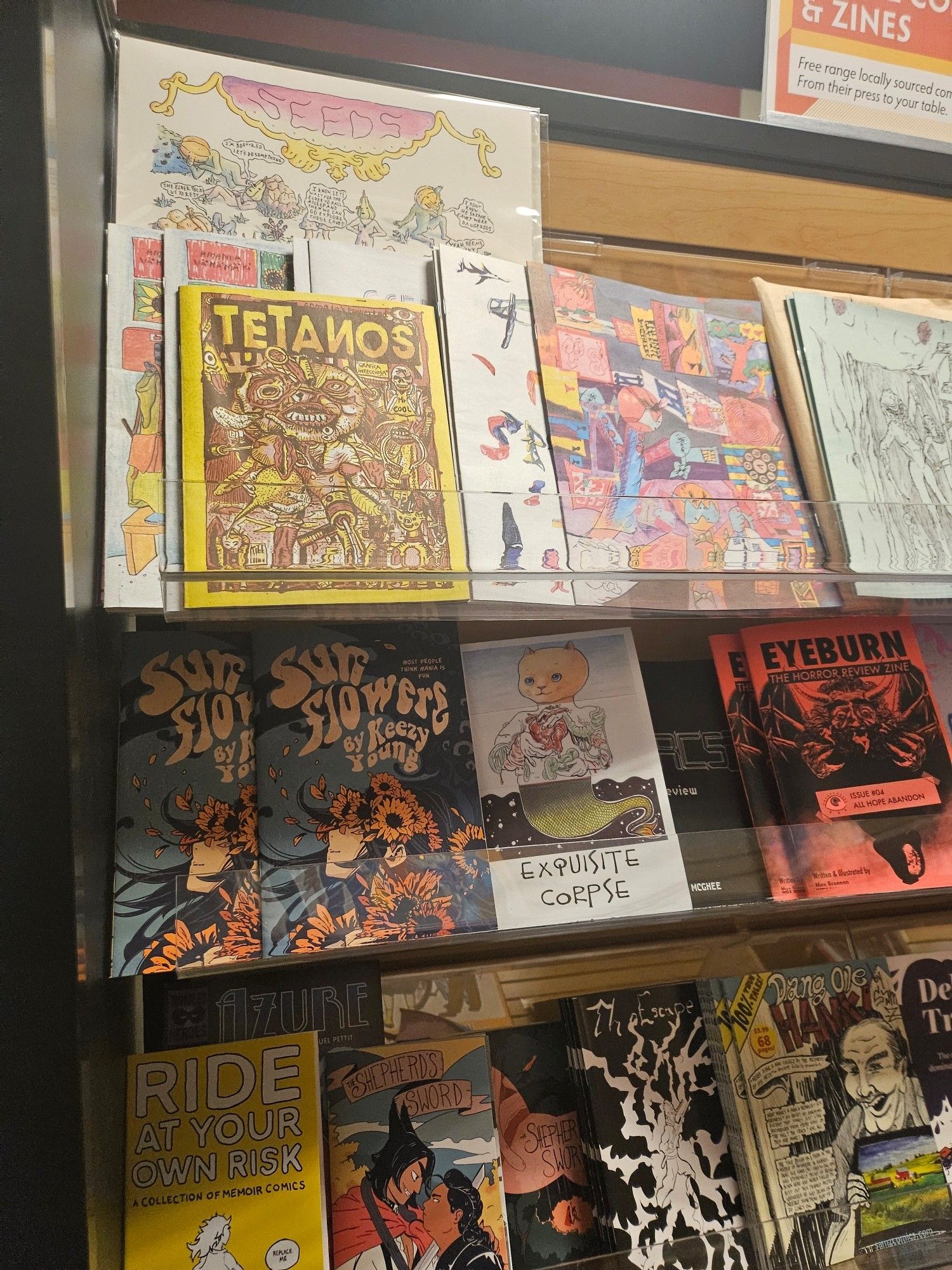 Comic book shelves at a comic book store. Some of the titles include "tetanos" "eyeburn" "sunflowers" by keezy young "shepherds sword" "ride at your own risk" and others that are slightly obscured.