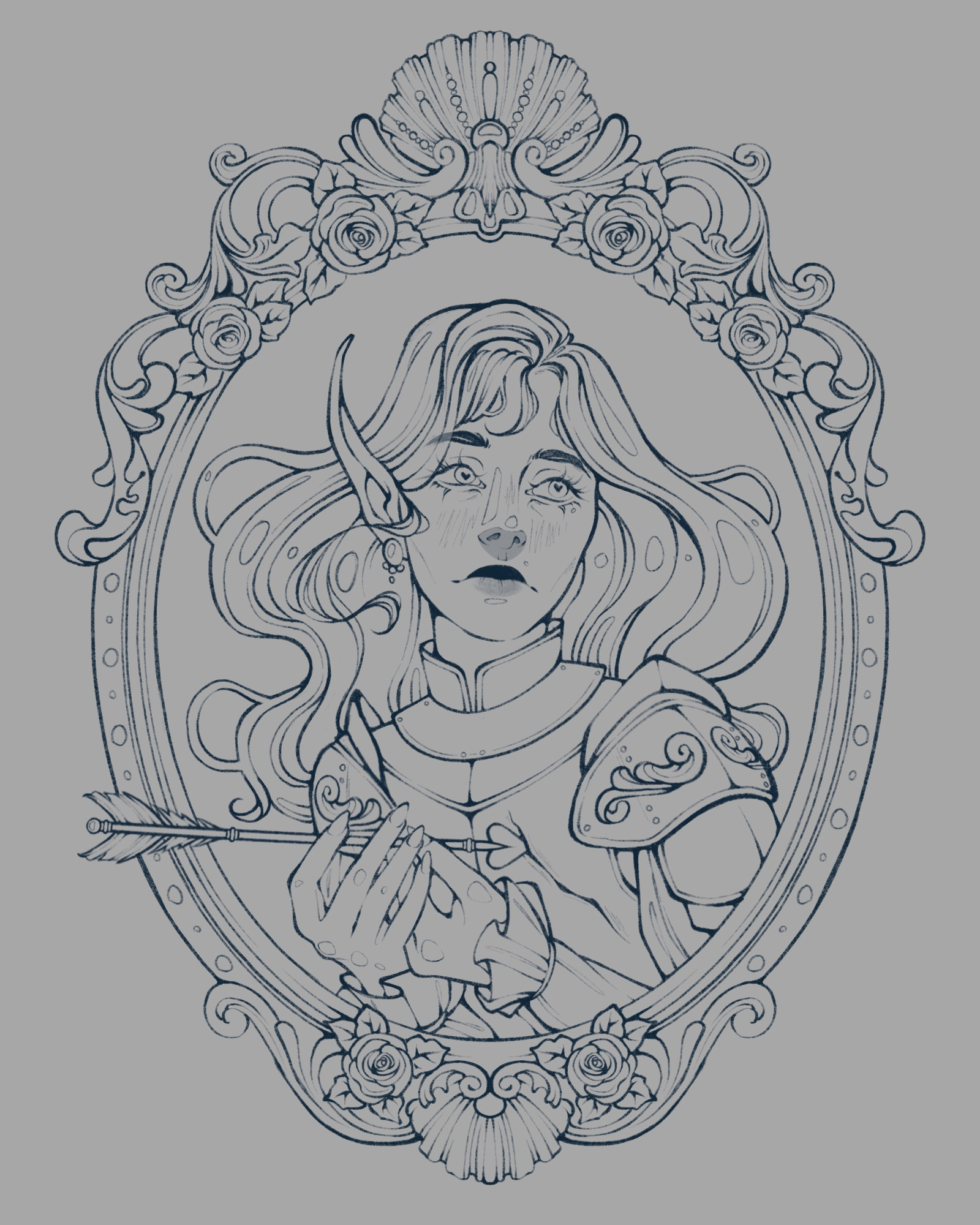 Sketch of an armoured elf woman in an intricate frame. She is holding an arrow that has cracked her armour, the tip of which is shaped like a heart. 