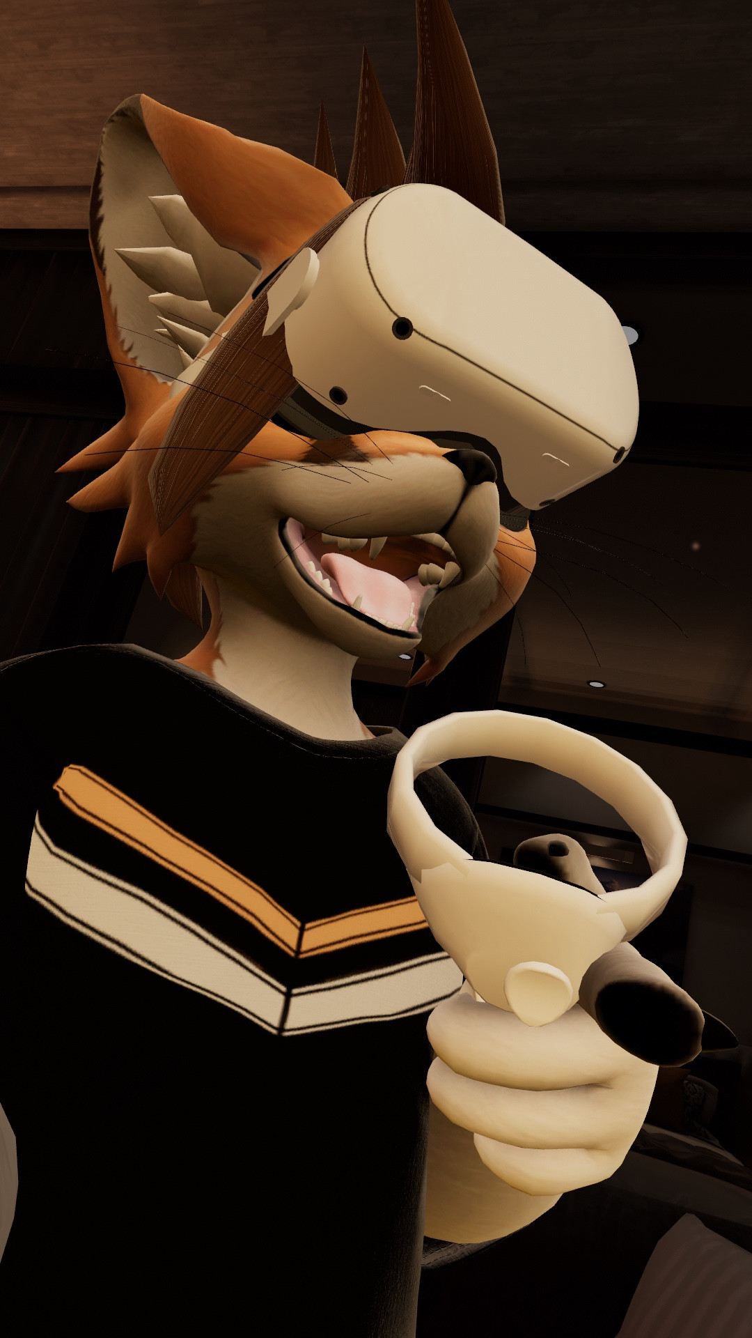 An anthropomorphic fennec fox avatar in VRChat wearing a Quest 2 inspired VR headset and holding a VR controller, having a great time