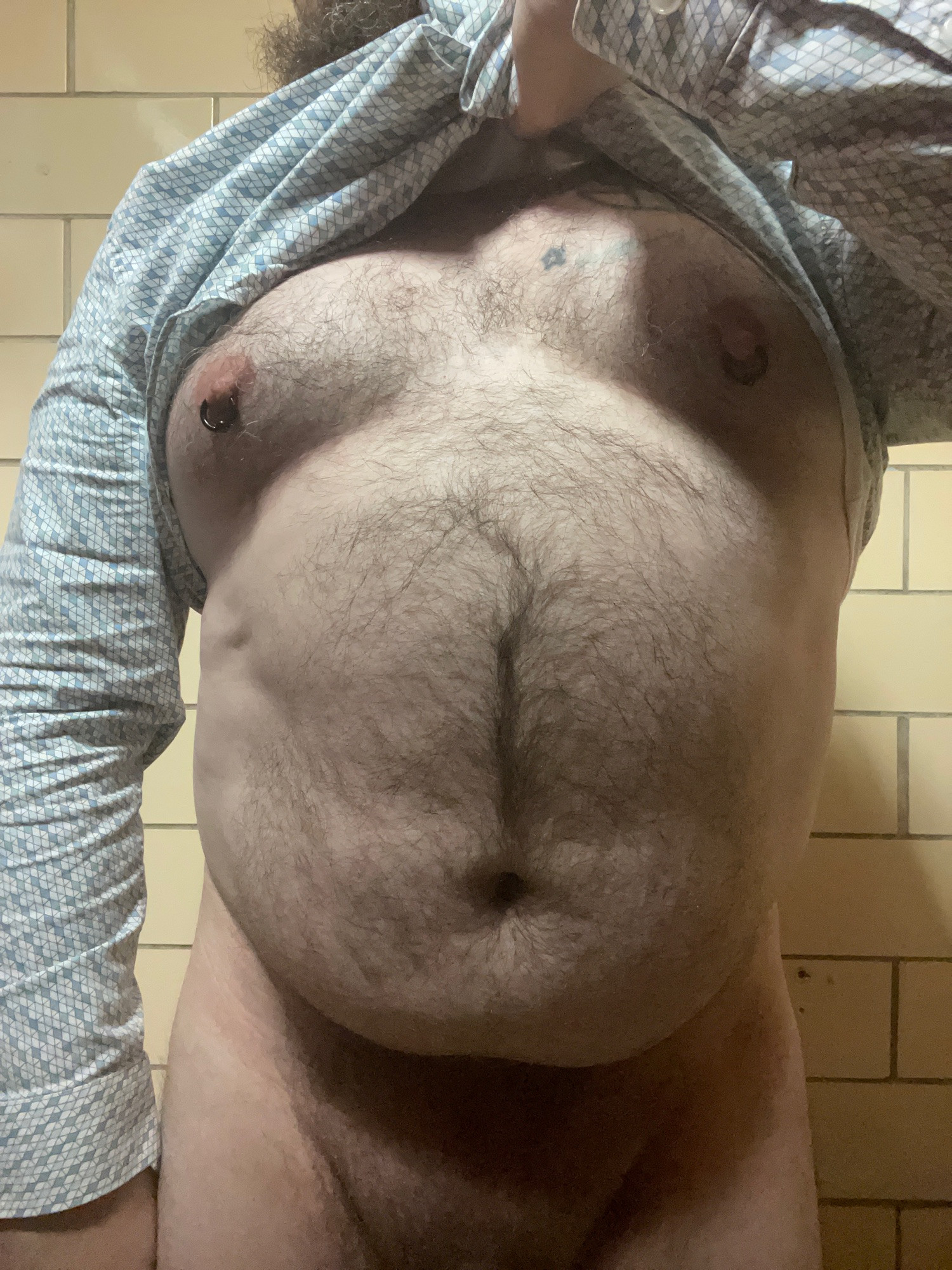 Thicc hairy man, from beard to pubes, with a white, patterned button down shirt pulled up by his hooked thumb to show his hairy chest and belly and his pants down showing his pubes.  He is in a bathroom stall.