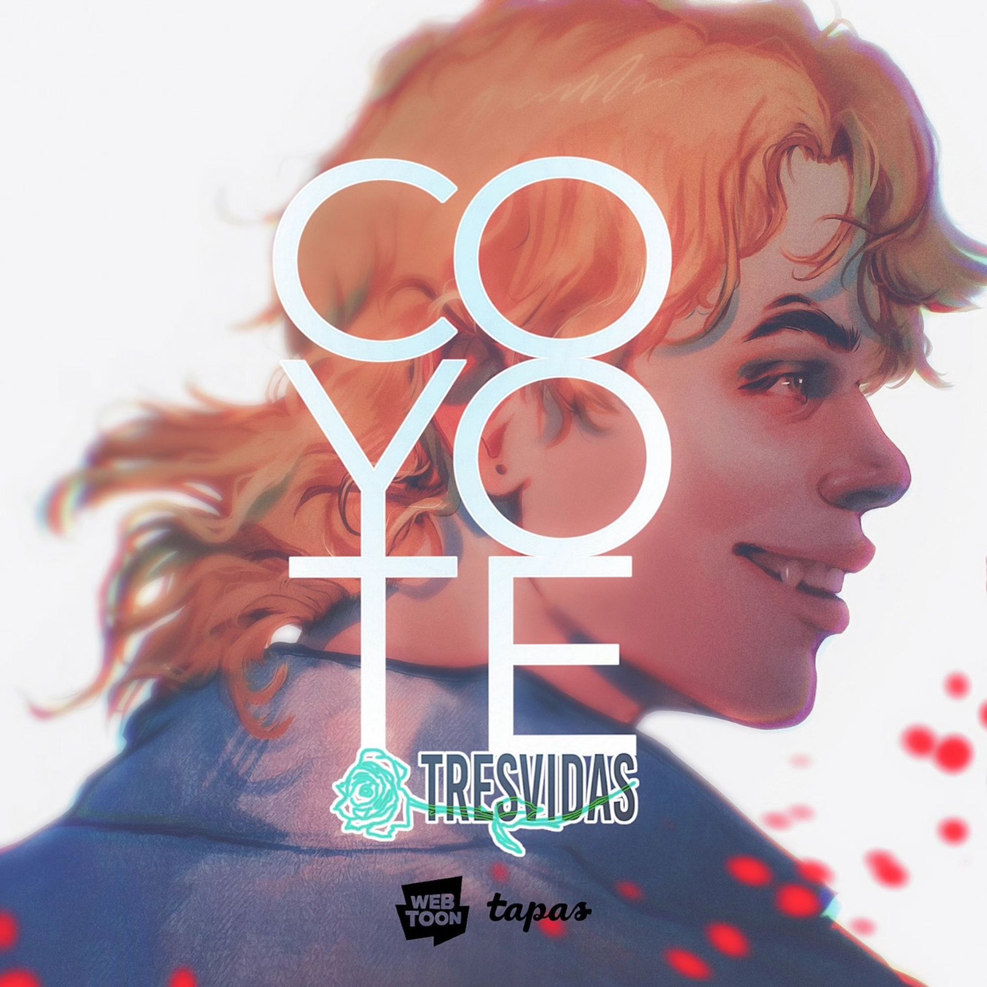 Portada de mi comic "Coyote Tresvidas". Aparece el protagonista, Coyote, sonriendo de perfil. Asoma uno de sus colmillos y el mullet se le mueve al viento. Encima está el título de la historia y los logos de las apps/plataformas donde se puede leer (Tapas y Webtoon).