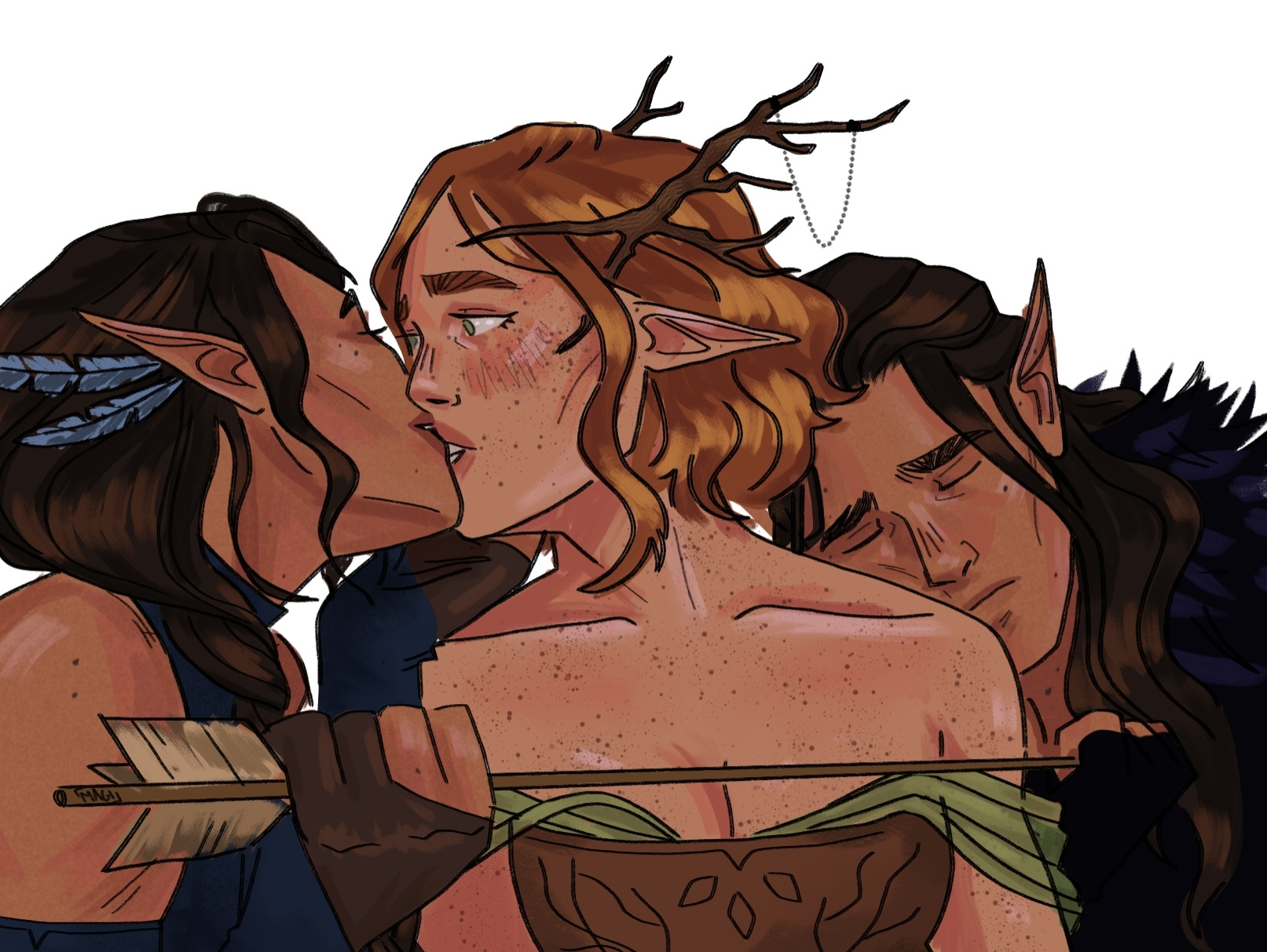 Arte dos personagens de Critical Role: Keyleth, Vex'ahlia e Vax'ildan. Vex segura o rosto de Keyleth com a mão esquerda delicadamente para beijá-la enquanto segura uma flecha na mão direita apontada para o coração de Vax que descansa sua cabeça no ombro de Keyleth. A arte não pretende representar os personagens como um trisal, tendo em vista que Vax e Vex são irmãos, mas sim destacar a bissexualidade de Keyleth que já comentou durante a campanha achar ambos os gêmeos atraentes.