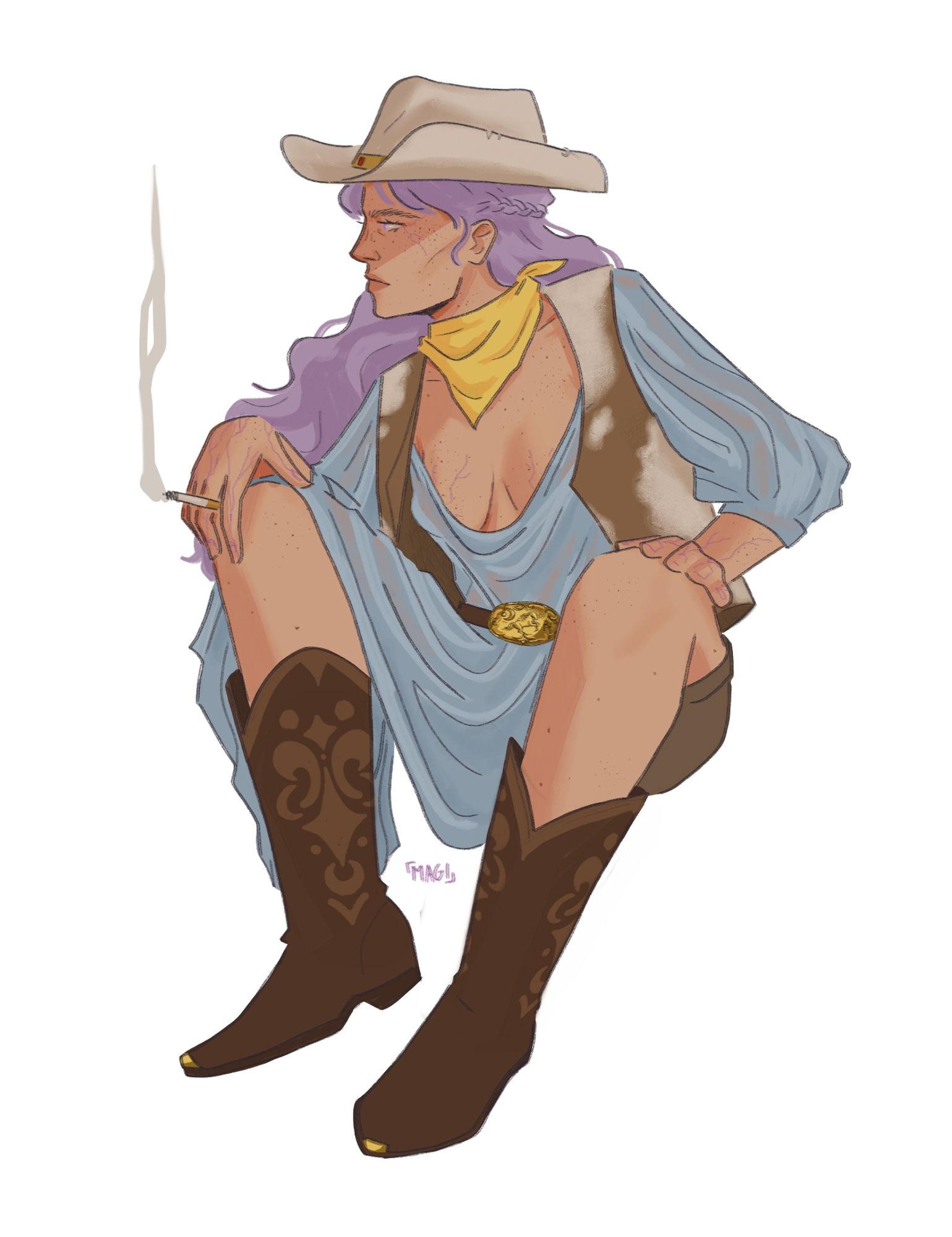 Arte da Imogen, personagem de Critical Role. Na ilustração a personagem usa um colete de couro malhado, botas decoradas de caubói, um cinto de couro com uma grande fivela dourada e um chapéu bege claro de peão. Ela está sentada fumando um cigarro de palha.