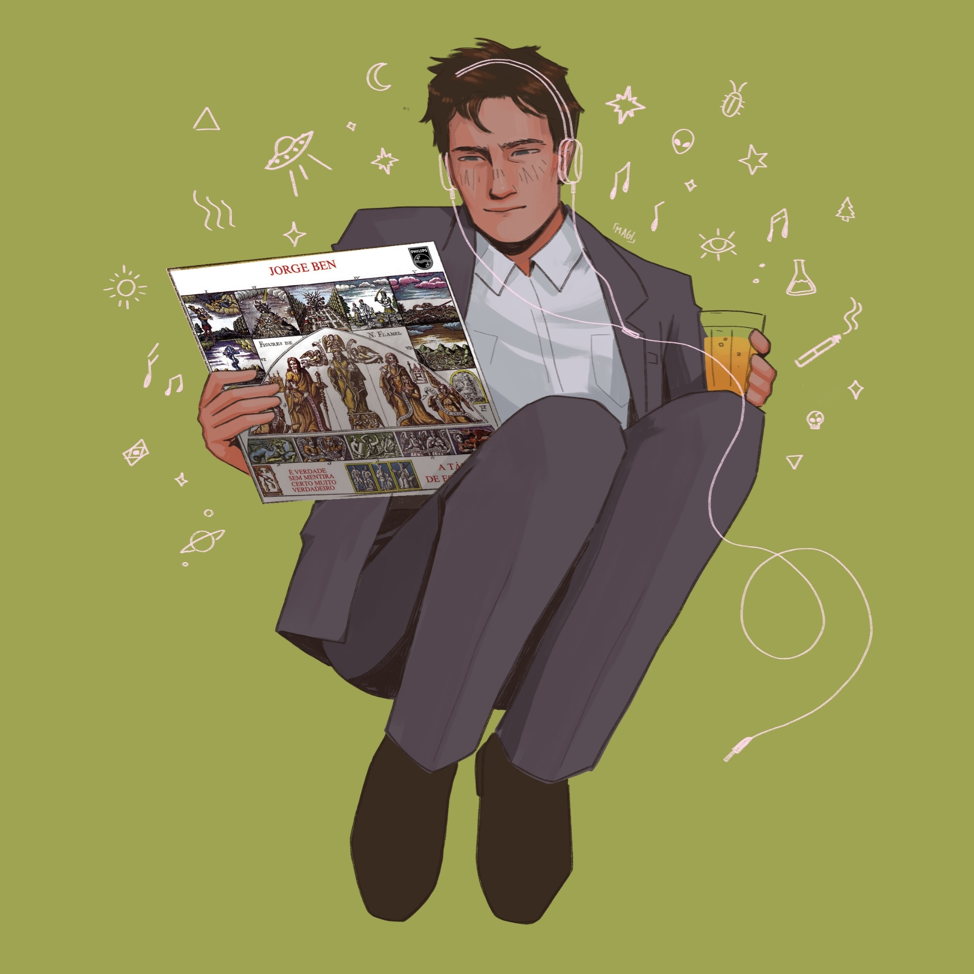 Arte do personagem de Arquivo X, Fox Mulder. Ele veste um terno cinza, está sentado com um copo de cerveja apoiado em seus joelhos enquanto segura o disco A Tábua de Esmeralda, de Jorge Ben Jor