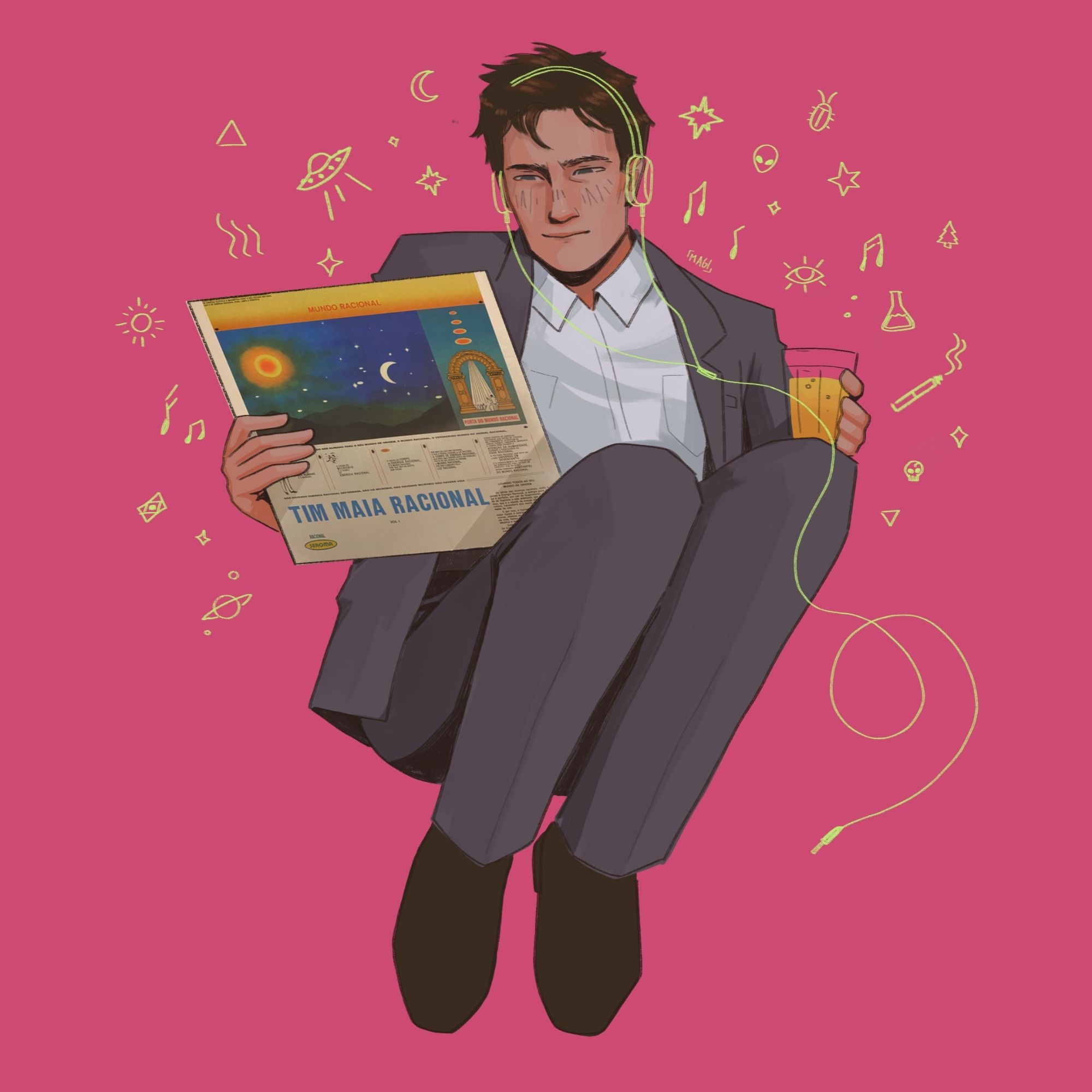 Arte do personagem de Arquivo X, Fox Mulder. Ele veste um terno cinza, está sentado com um copo de cerveja apoiado em seus joelhos enquanto segura o disco Tim Maia Racional Vol. 1