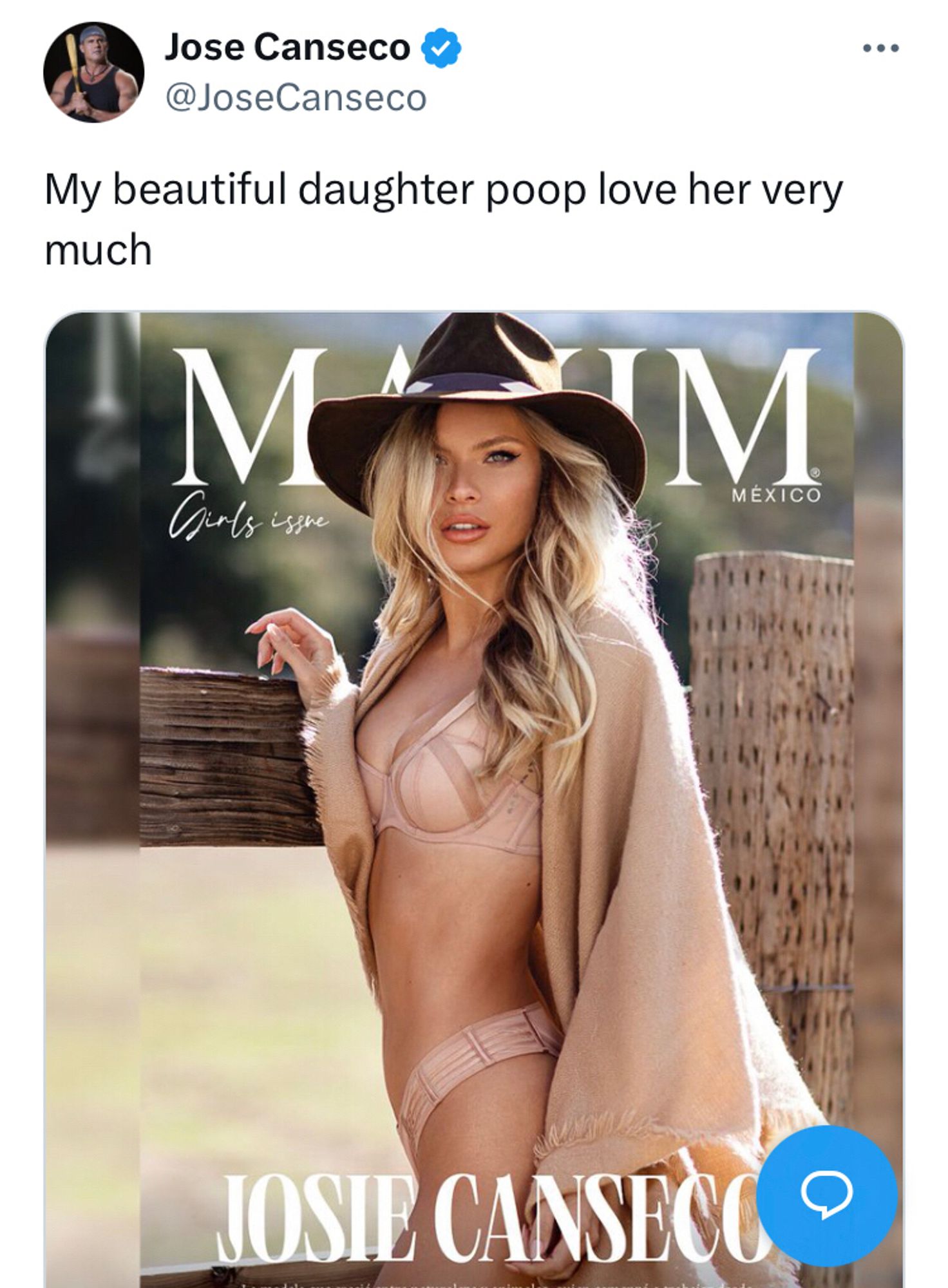 Tweet from Jose Canseco of his daughter on Maxim magazine saying he loves his beautiful daughter poop