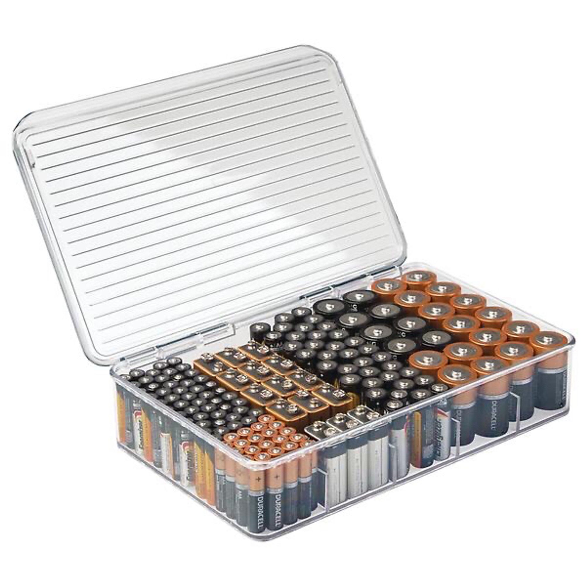 A battery organizer with a selection of batteries