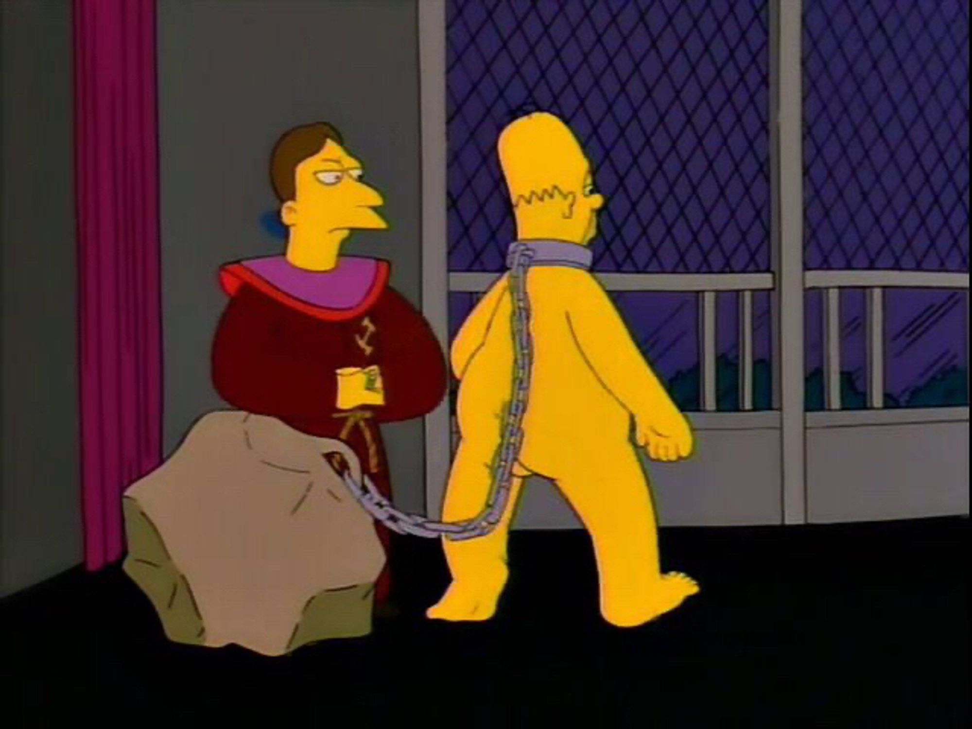 Homer showing bare ass and dragging behind the stone of shame