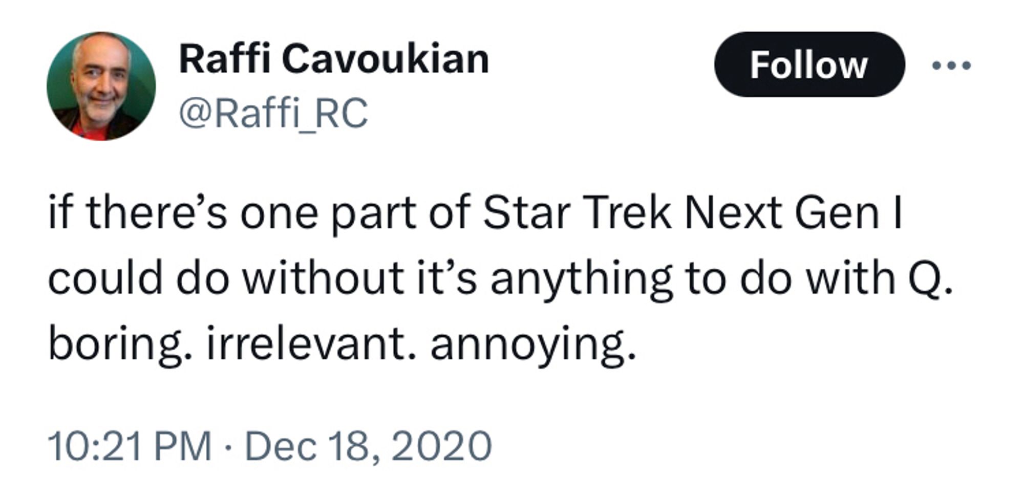 Raffi just going to town on how boring and awful Q eps are, the other three screenshots are the same thing he just really hates q and the borg