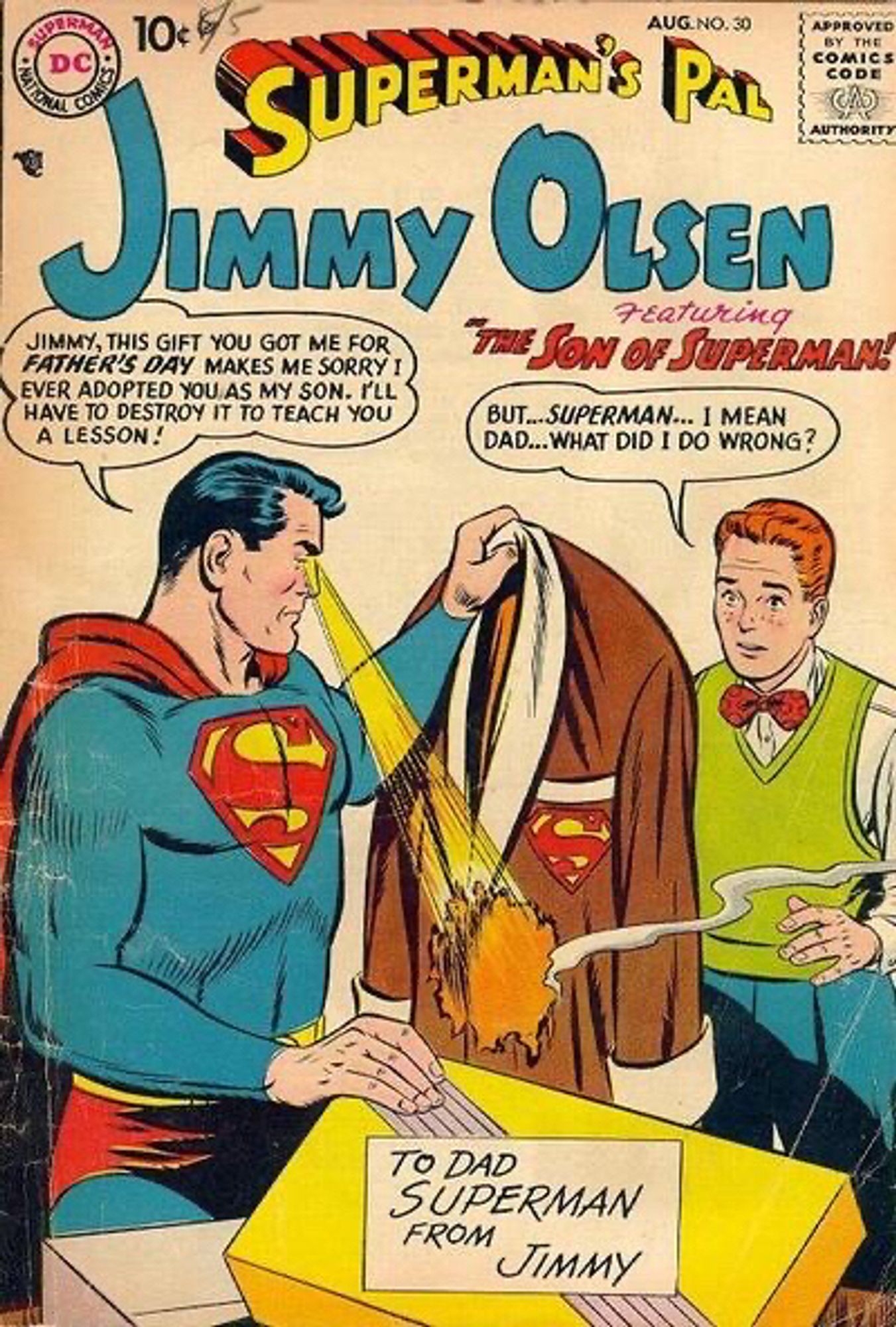 Superman burning Jimmy’s Father’s Day gift because he hates him so much