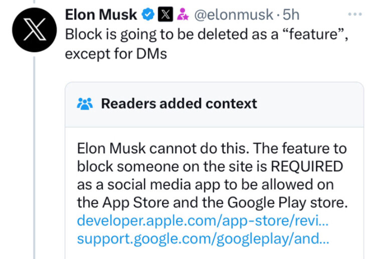 Reader note on Elon eliminating the block claiming he can’t do it